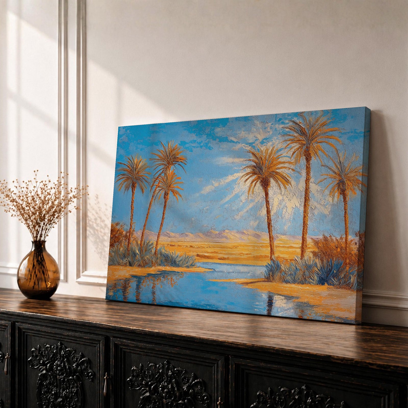 Palm Tree Wall Art Arabian Oasis Framed Canvas Desert Oasis Impasto Nature Home Decor