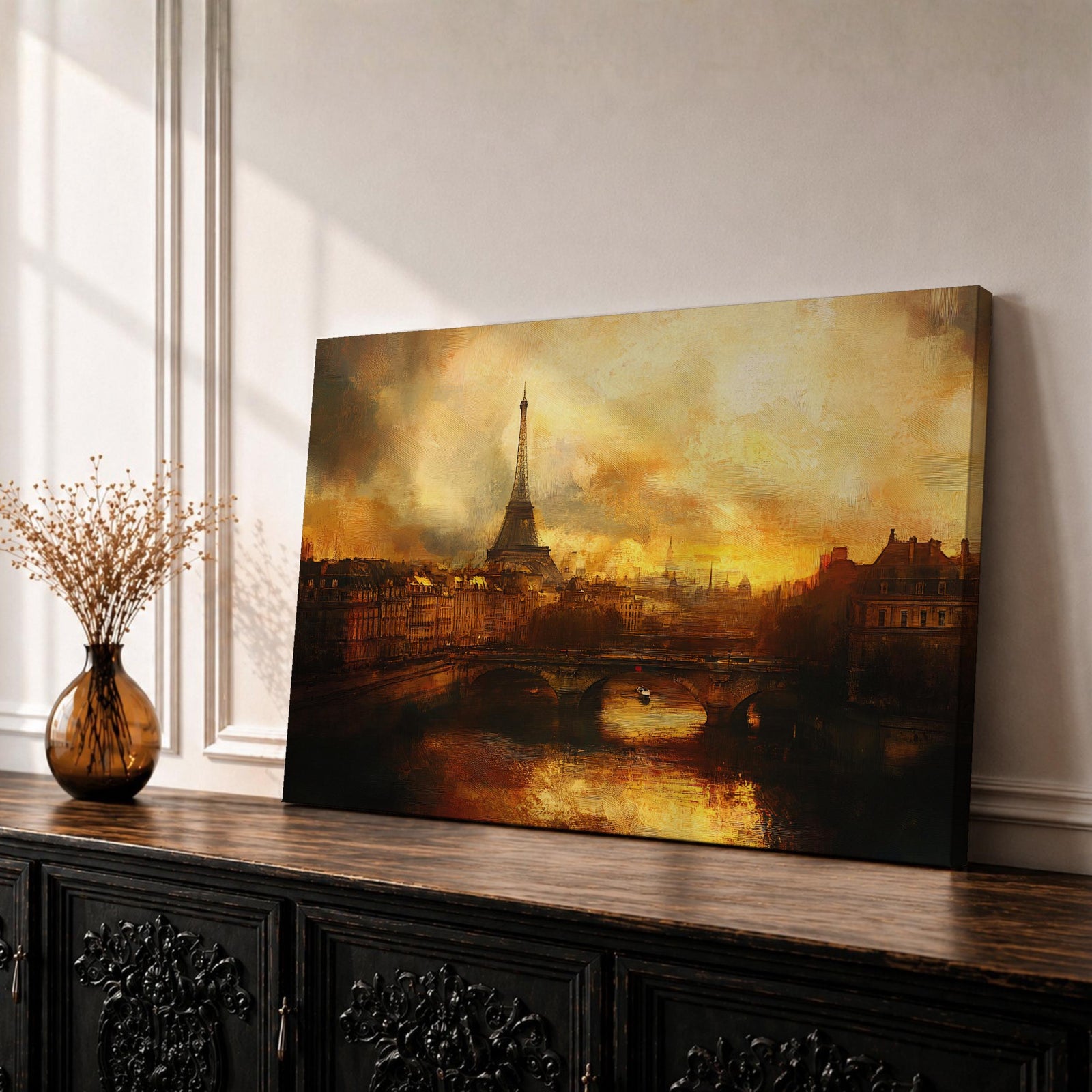Eiffel Tower Wall Art Paris Skyline Framed Canvas Sunset France Vintage City Home Decor
