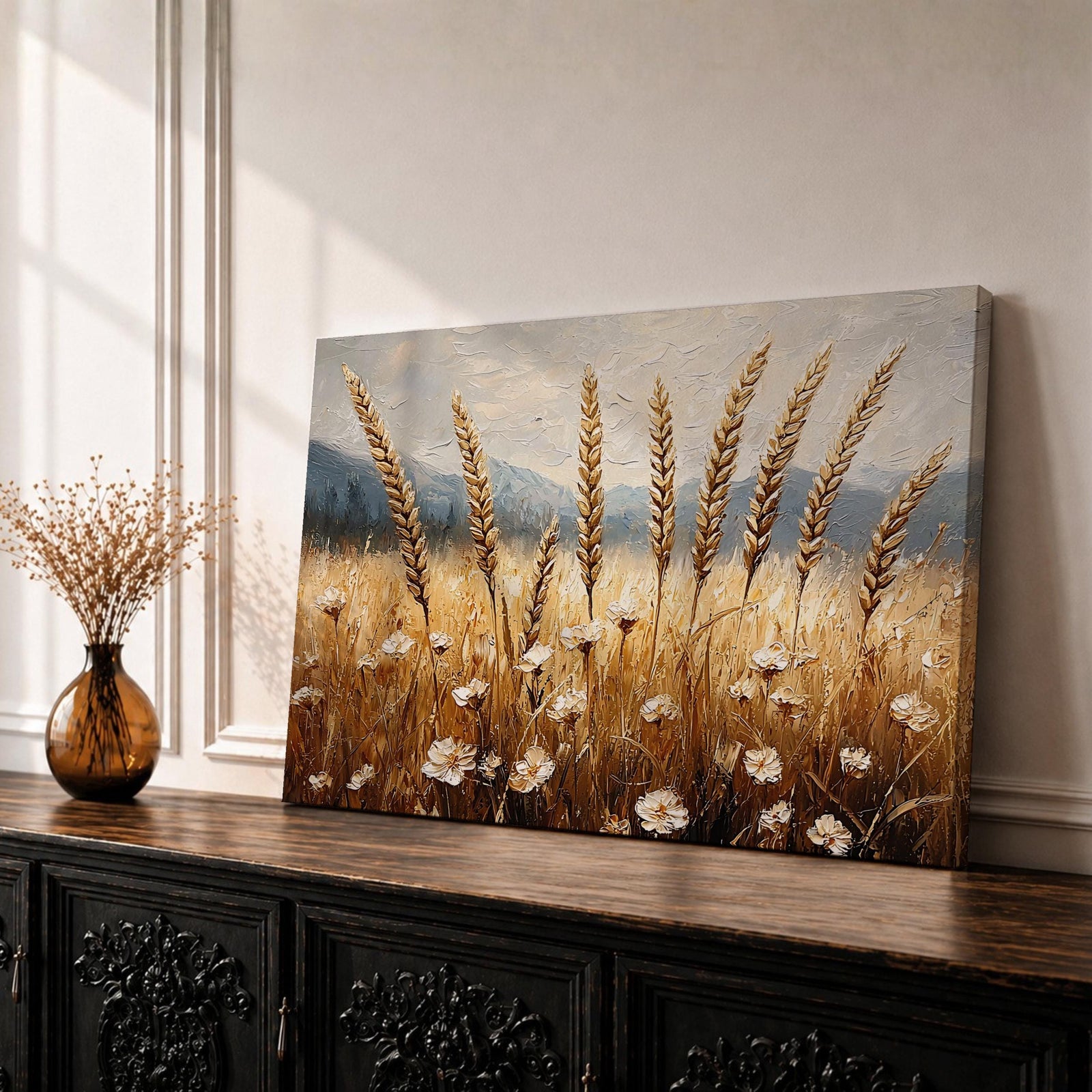 Wheat Field Wall Art Barley Field Framed Canvas Harvest Rustic Landscape Farmhouse Home Decor