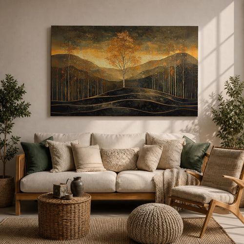Autumn Tree Wall Art Golden Fall Framed Canvas Mountain Landscape Vintage Home Decor