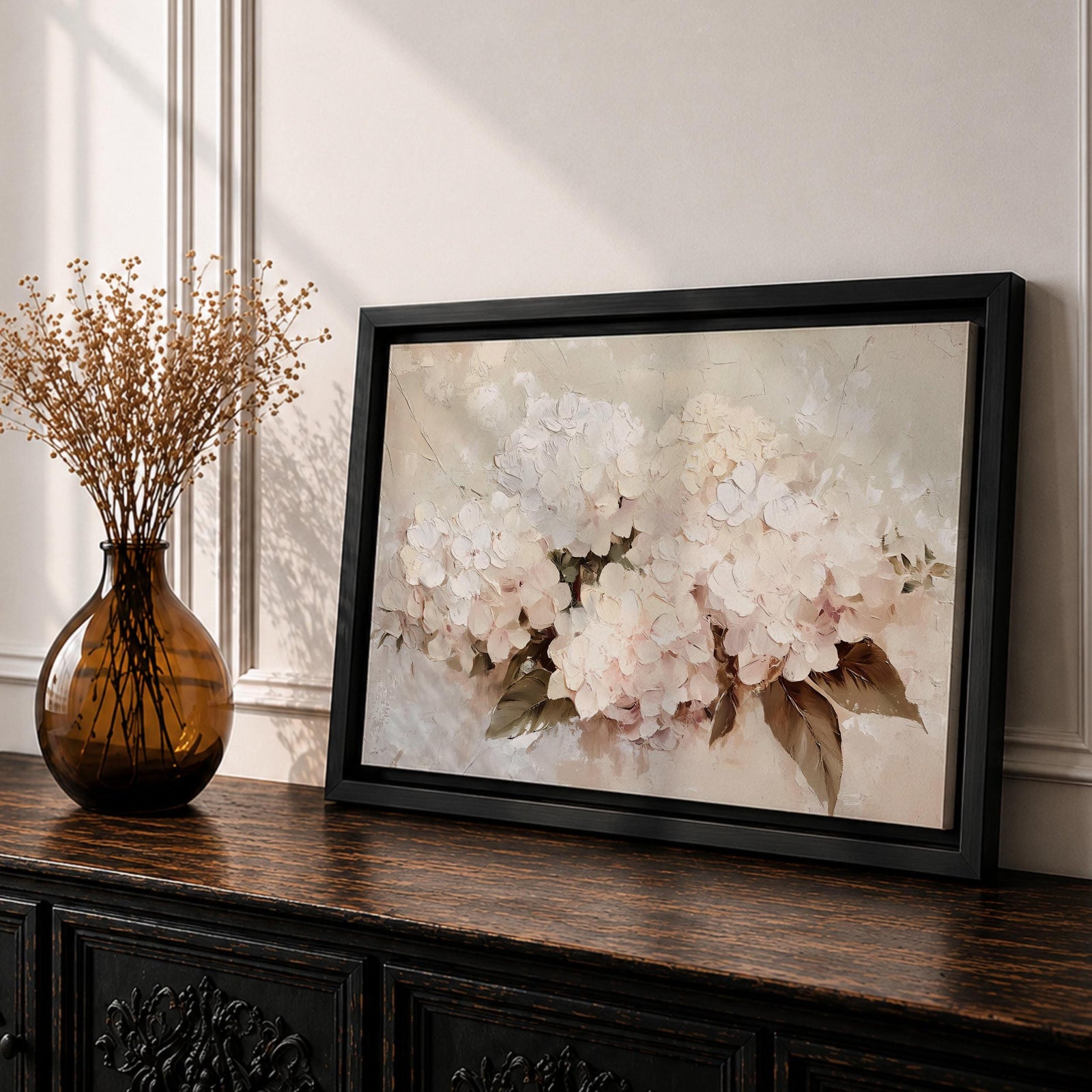 Hydrangea Wall Art Hortensia Framed Canvas Soft Bloom Botanical Vintage Floral Cottage Home Decor