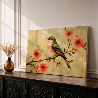 Bird Wall Art Songbird Framed Canvas Blossom Botanical Floral Vintage Home Decor