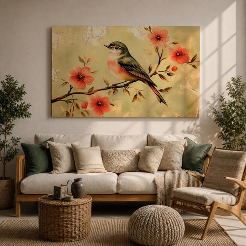 Bird Wall Art Songbird Framed Canvas Blossom Botanical Floral Vintage Home Decor
