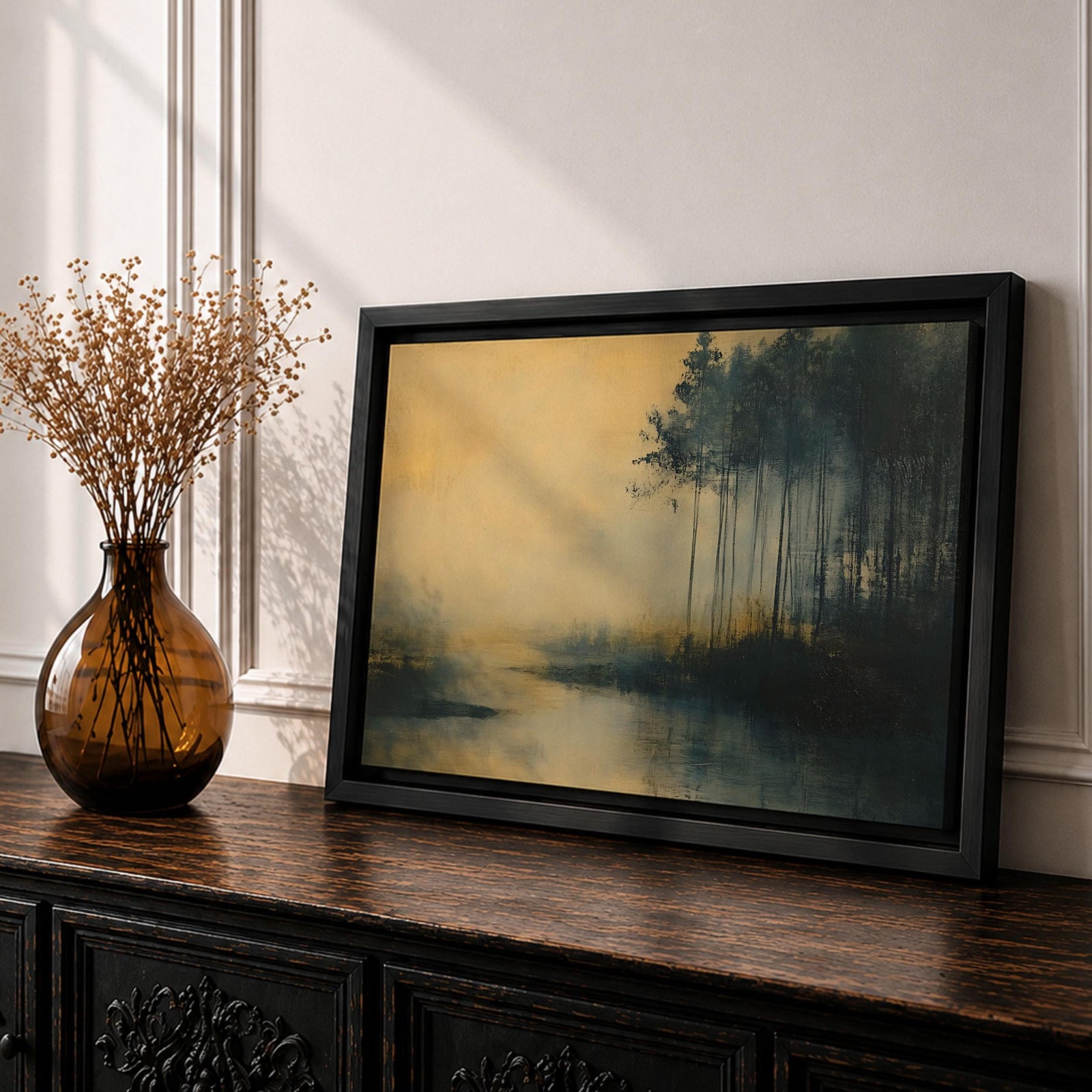 Misty Forest Wall Art Foggy Woods Framed Canvas Vintage Woodland Rustic Nature Home Decor
