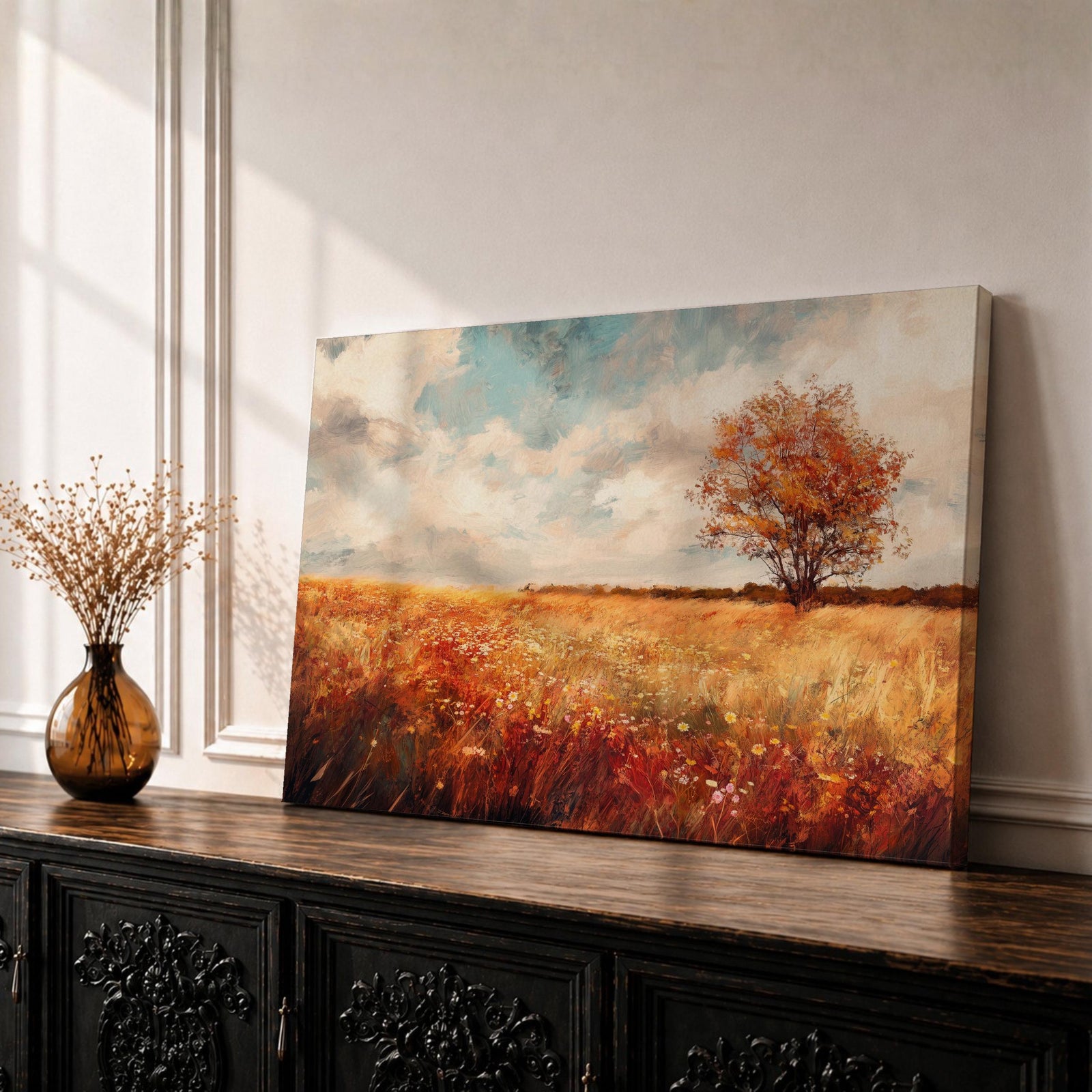 Autumn Landscape Wall Art Fall Scenery Framed Canvas Countryside Rustic Vintage Farmhouse Home Decor