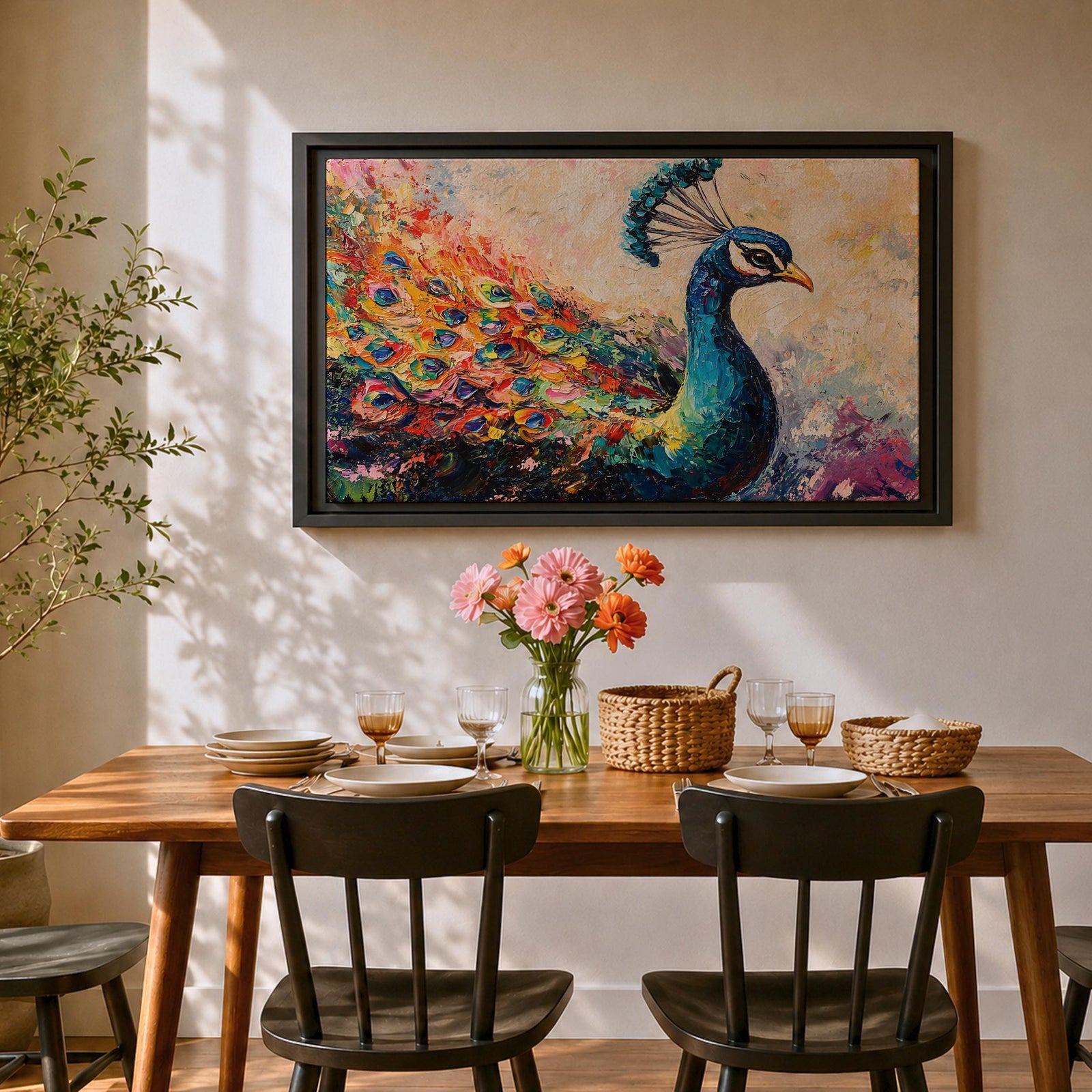Peacock Wall Art Tropical Bird Framed Canvas Royal Feathers Jungle Wildlife Living Room Decor