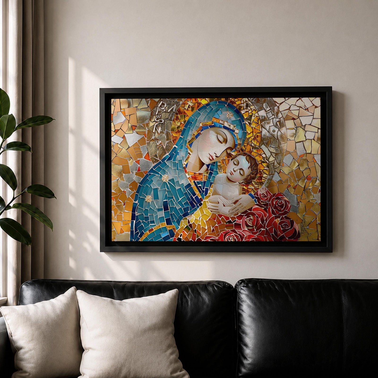 Blessed Virgin Mary Wall Art Madonna and Child Framed Canvas Catholic Mosaic Home Decor