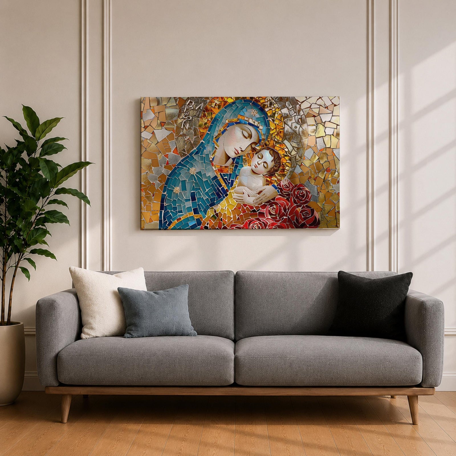 Blessed Virgin Mary Wall Art Madonna and Child Framed Canvas Catholic Mosaic Home Decor