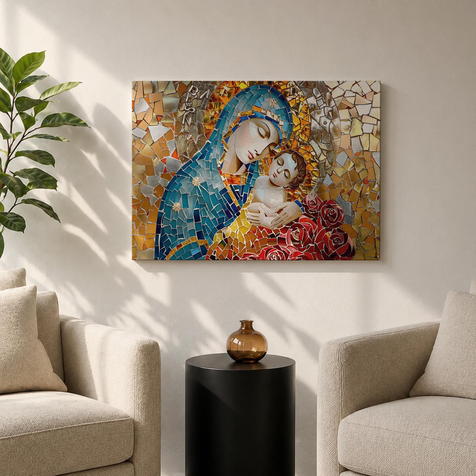 Blessed Virgin Mary Wall Art Madonna and Child Framed Canvas Catholic Mosaic Home Decor