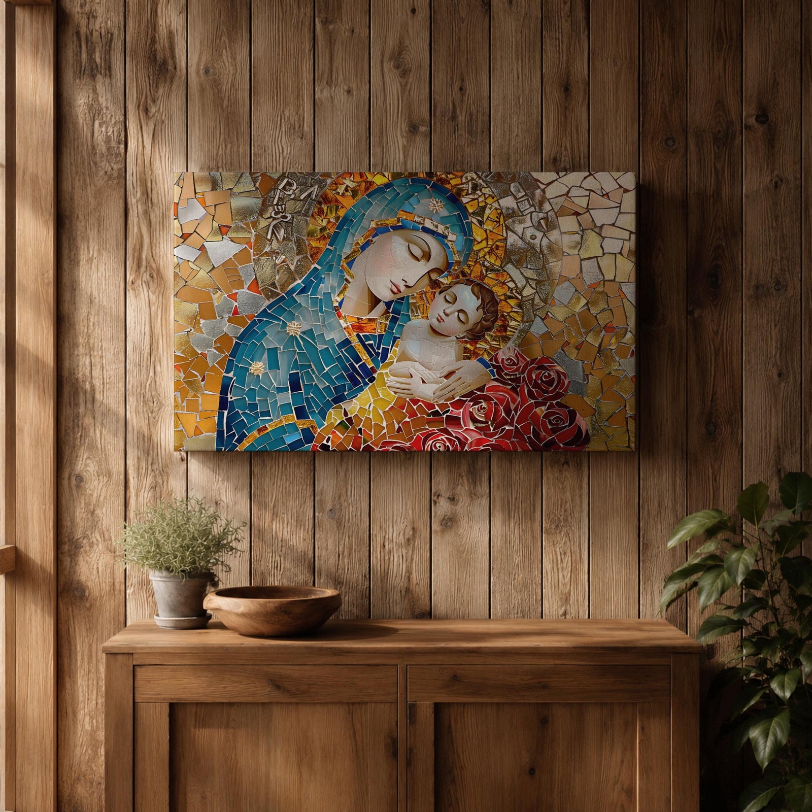 Blessed Virgin Mary Wall Art Madonna and Child Framed Canvas Catholic Mosaic Home Decor