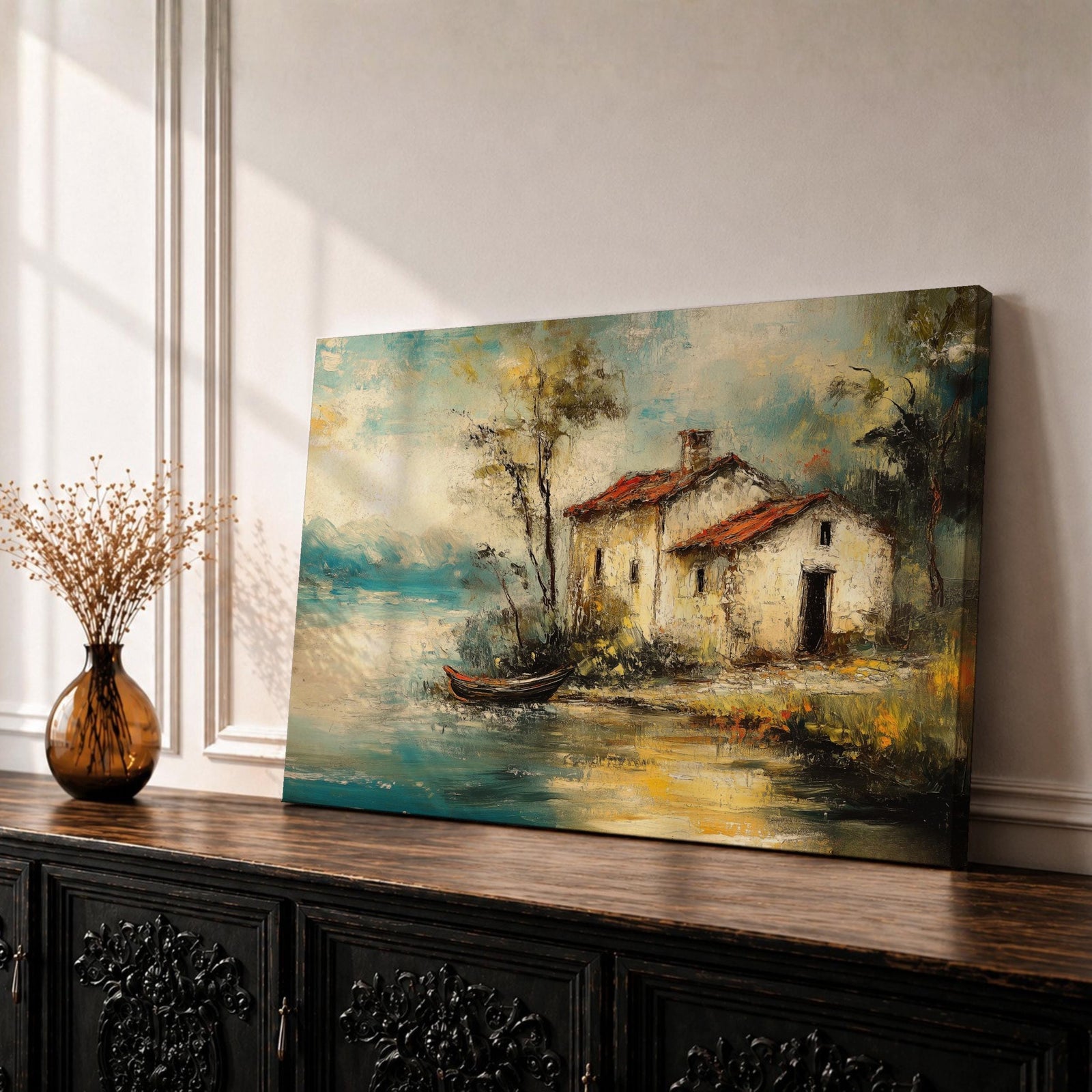 Mediterranean Landscape Wall Art Coastal Villa Framed Canvas Rustic Cottagecore Seaside Home Decor