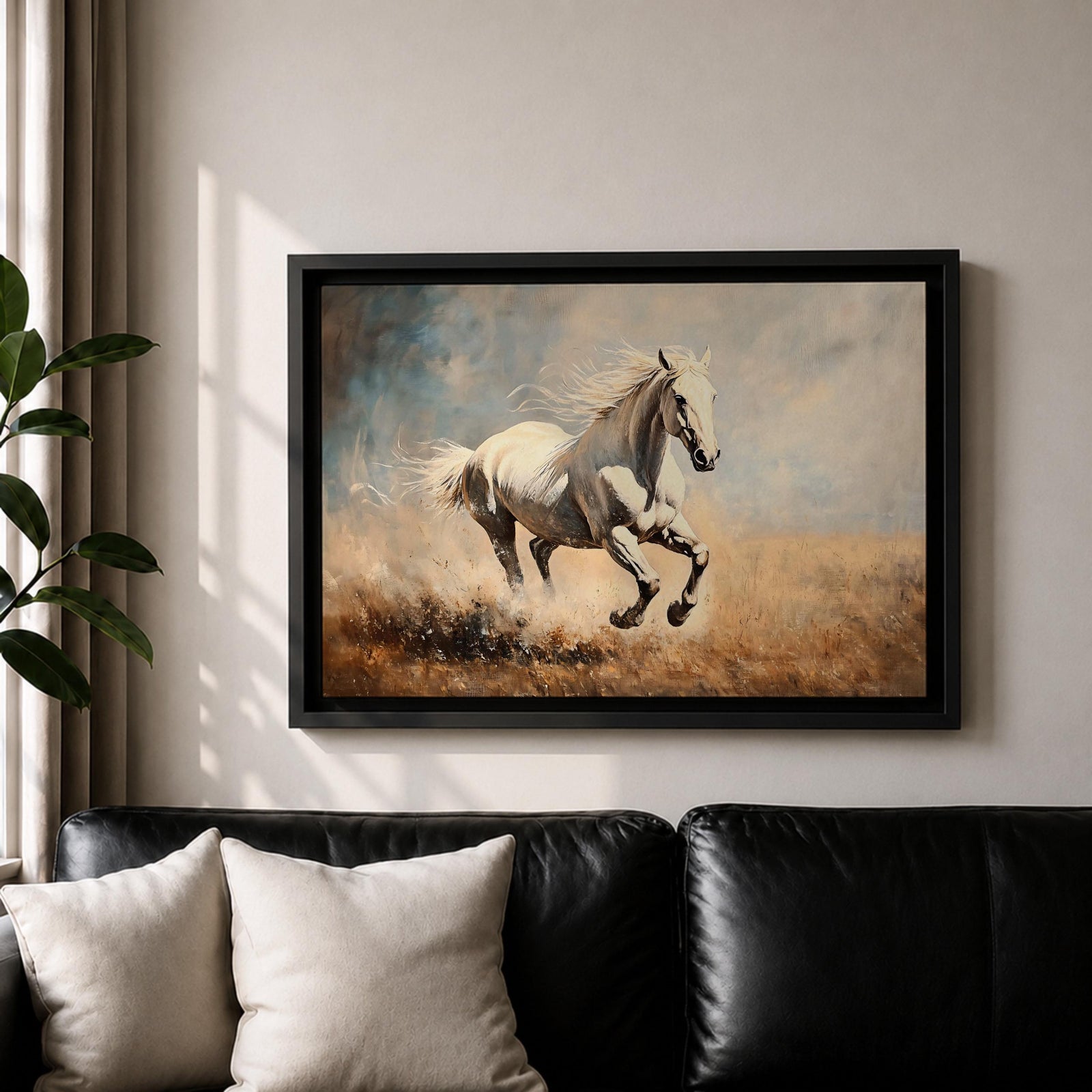 White Stallion Wall Art Mustang Framed Canvas Wild Spirit Running Western Rustic Home Decor