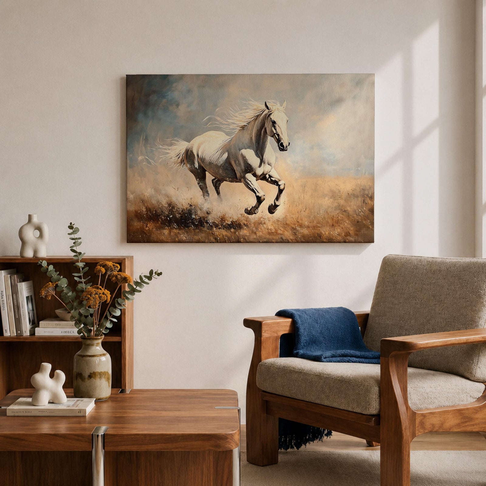 White Stallion Wall Art Mustang Framed Canvas Wild Spirit Running Western Rustic Home Decor