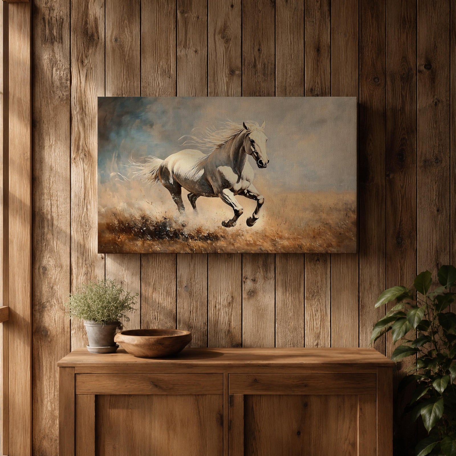 White Stallion Wall Art Mustang Framed Canvas Wild Spirit Running Western Rustic Home Decor