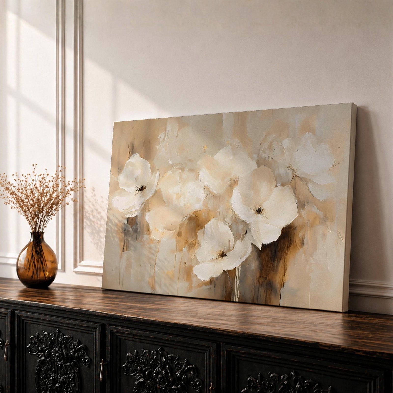 White Flowers Wall Art Ivory Blossoms Framed Canvas Botanical Vintage Floral Cottage Home Decor