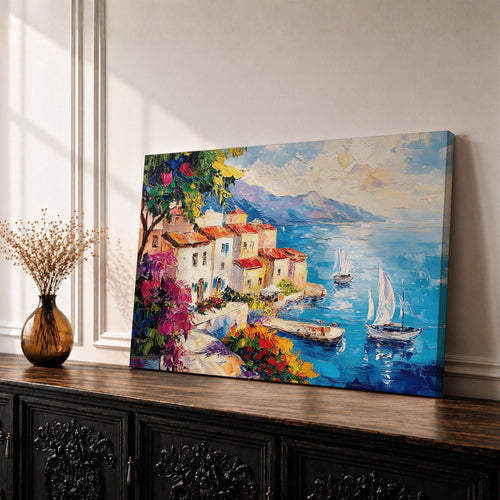 Amalfi Coast Wall Art Italian Coastal Village Framed Canvas Mediterranean Seascape Living Room Decor