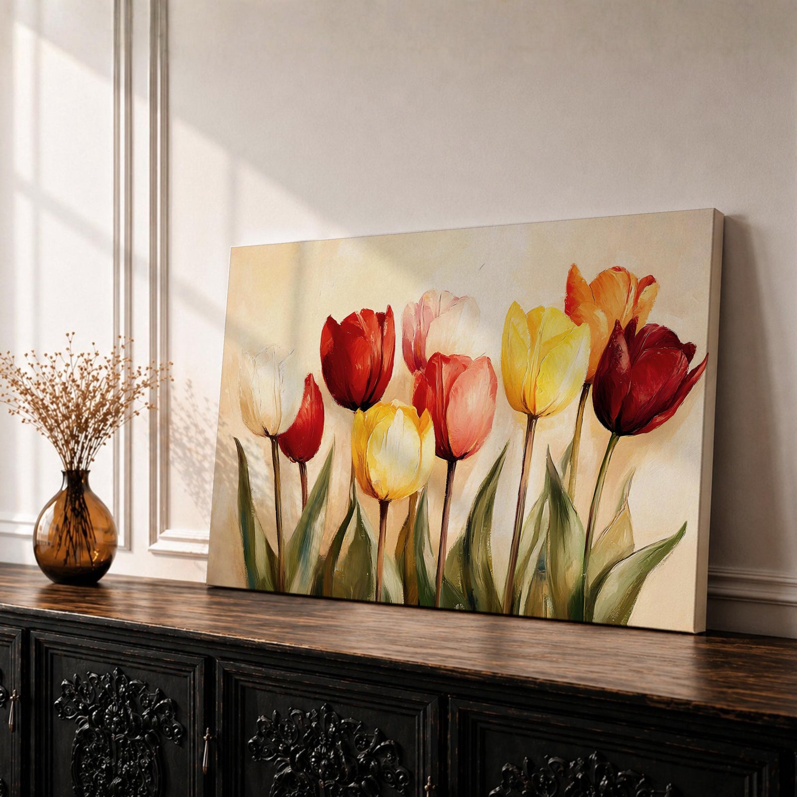 Tulip Wall Art Spring Tulips Framed Canvas Botanical Floral Vintage Cottage Home Decor