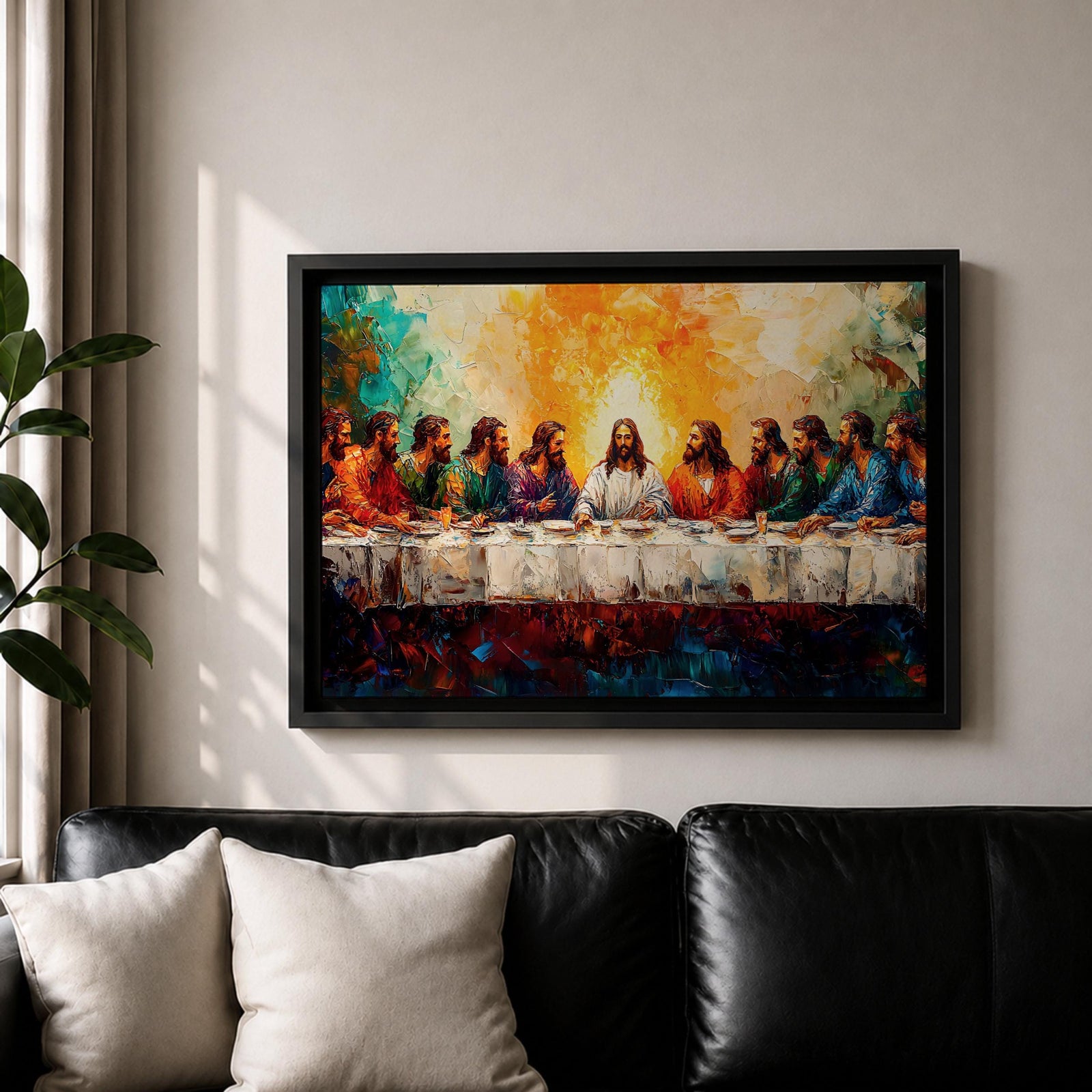 Last Supper Wall Art Jesus and Apostles Framed Canvas Biblical Impasto Christian Home Decor