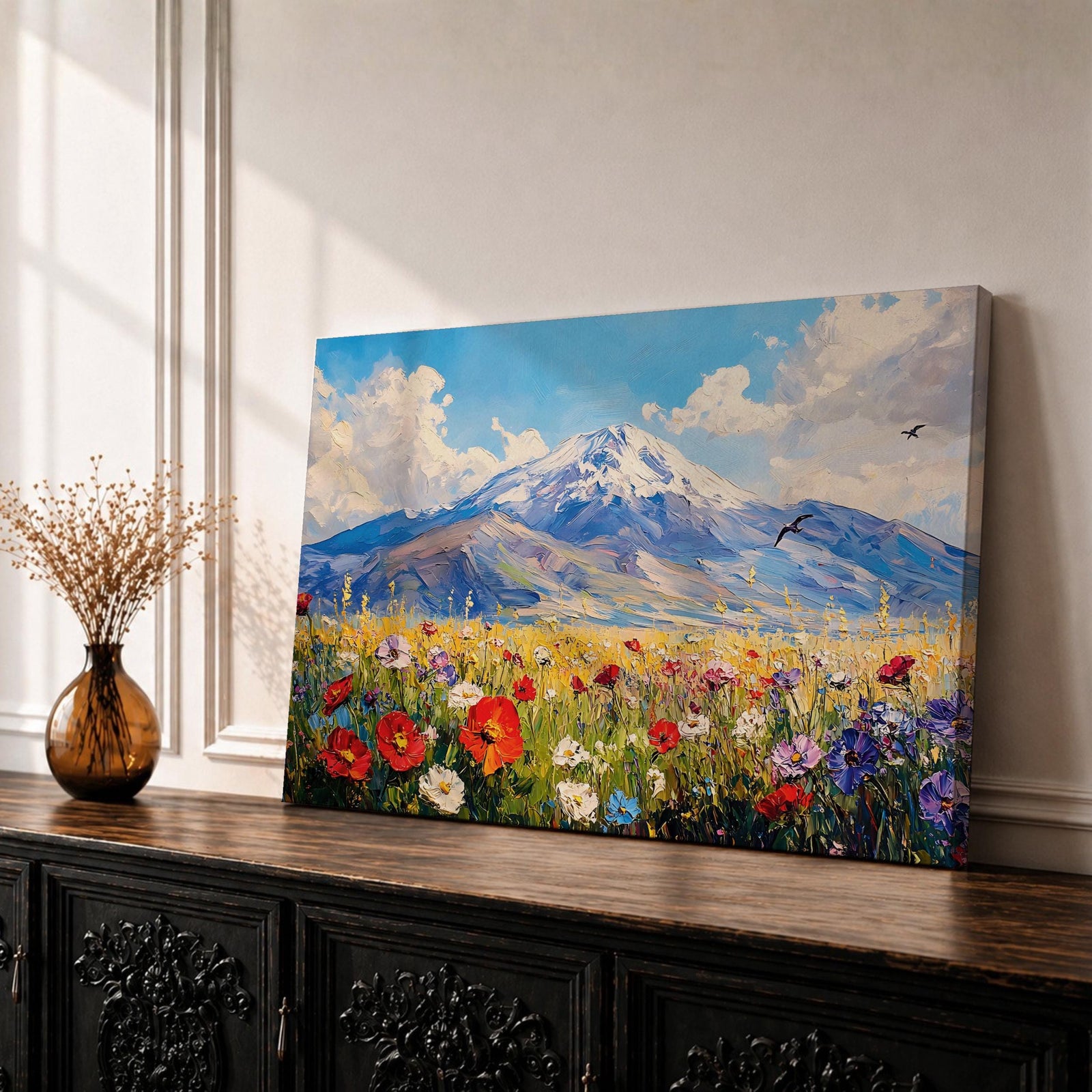 Mountain Wildflower Wall Art Alpine Meadow Framed Canvas Scenic Landscape Impasto Boho Home Decor
