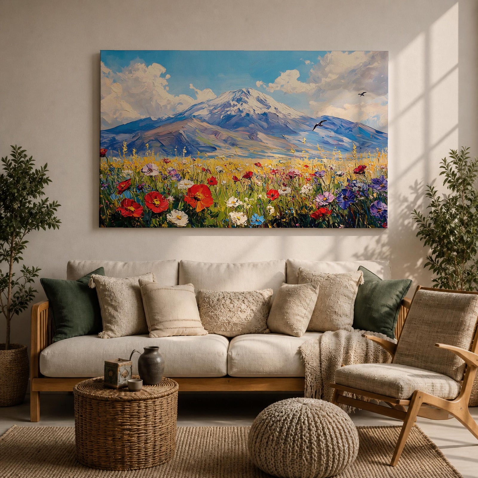 Mountain Wildflower Wall Art Alpine Meadow Framed Canvas Scenic Landscape Impasto Boho Home Decor