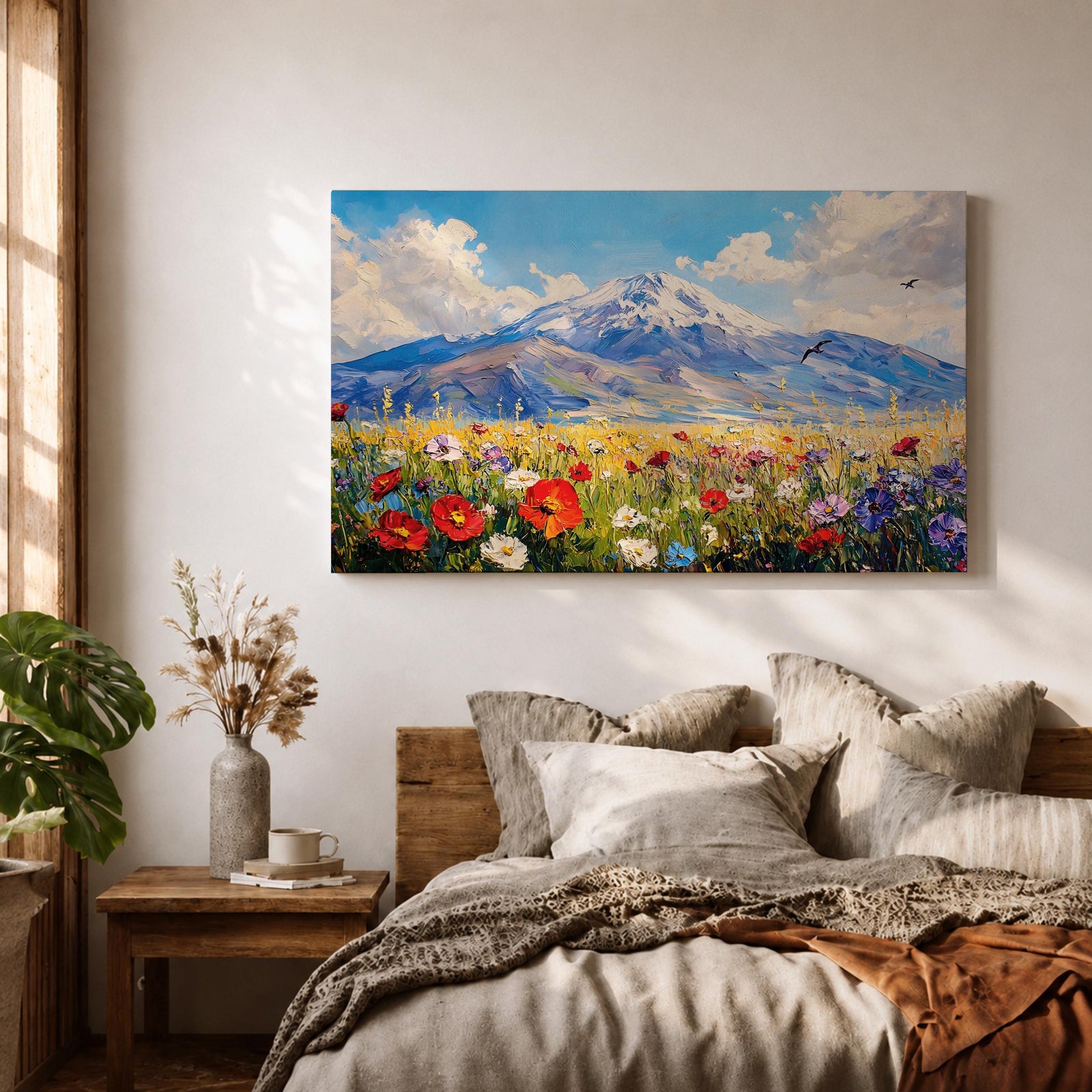 Mountain Wildflower Wall Art Alpine Meadow Framed Canvas Scenic Landscape Impasto Boho Home Decor