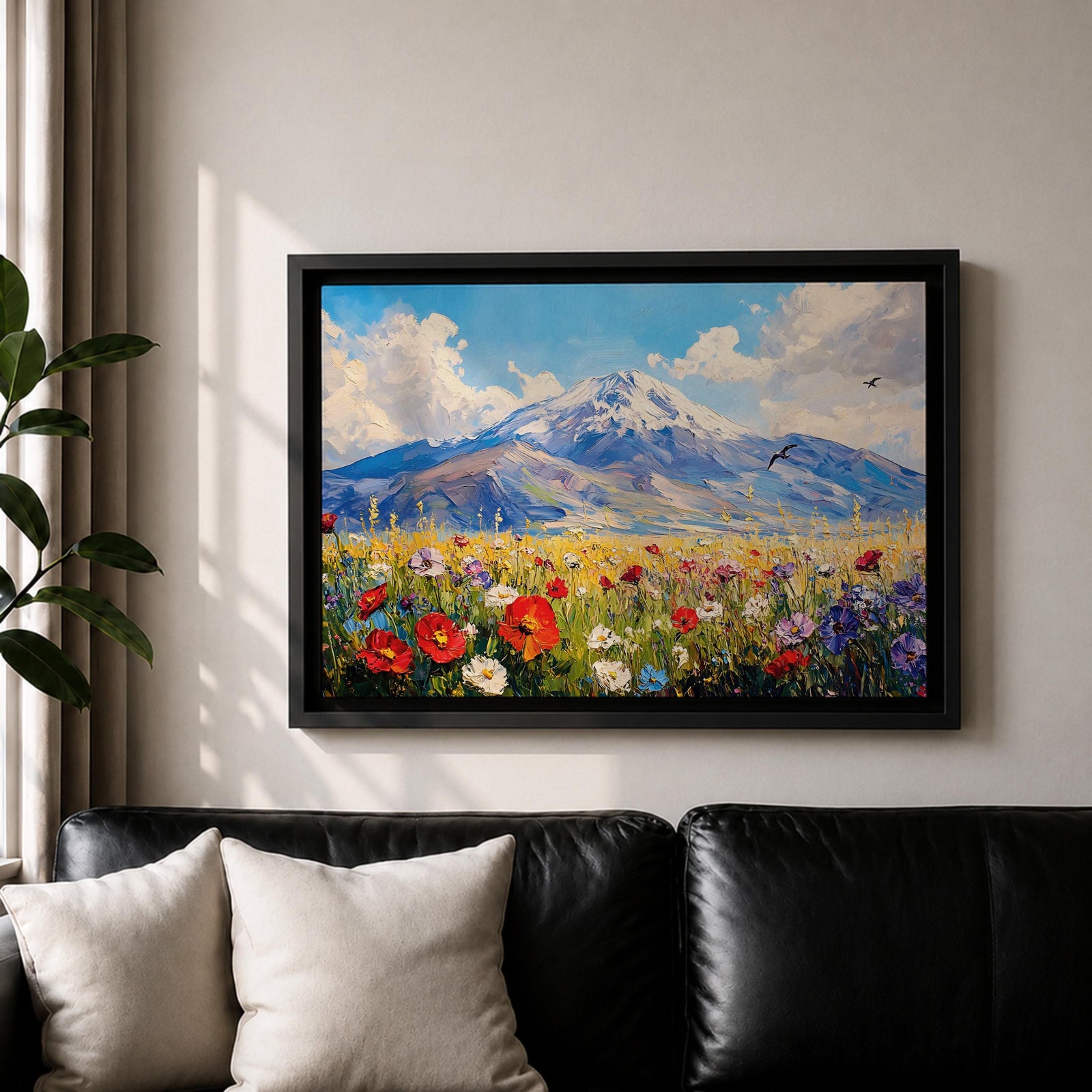 Mountain Wildflower Wall Art Alpine Meadow Framed Canvas Scenic Landscape Impasto Boho Home Decor