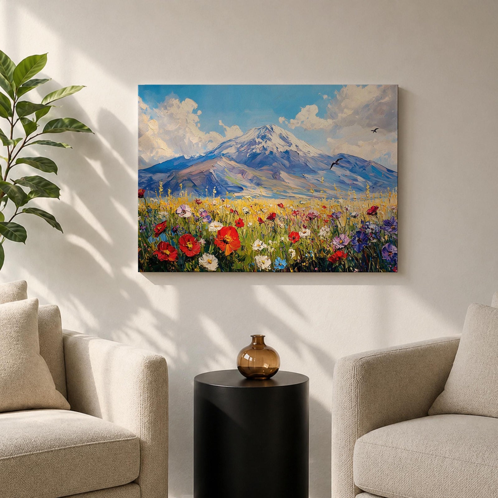 Mountain Wildflower Wall Art Alpine Meadow Framed Canvas Scenic Landscape Impasto Boho Home Decor