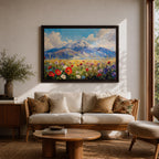 Mountain Wildflower Wall Art Alpine Meadow Framed Canvas Scenic Landscape Impasto Boho Home Decor