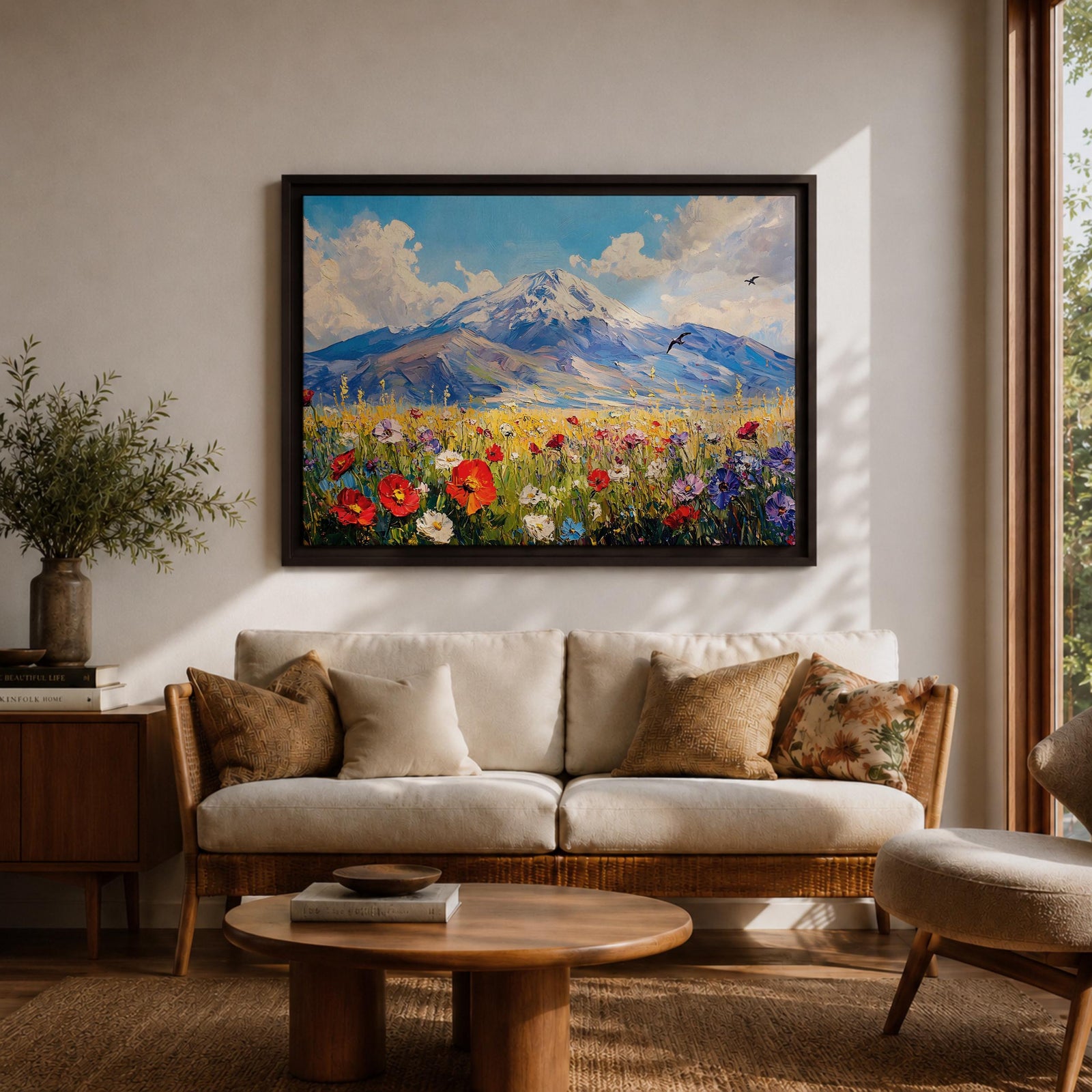 Mountain Wildflower Wall Art Alpine Meadow Framed Canvas Scenic Landscape Impasto Boho Home Decor