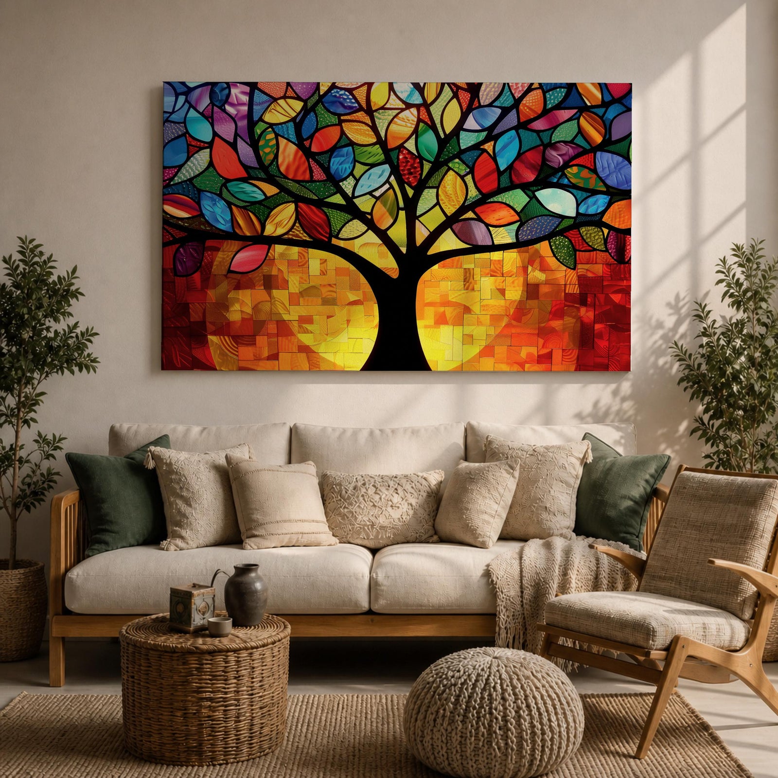 Tree of Life Wall Art Yggdrasil Framed Canvas Stained Glass Nature Living Room Decor