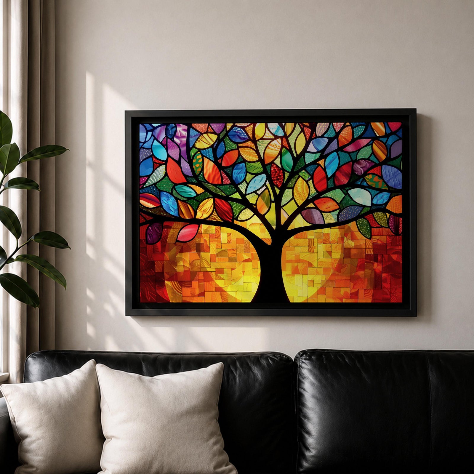 Tree of Life Wall Art Yggdrasil Framed Canvas Stained Glass Nature Living Room Decor