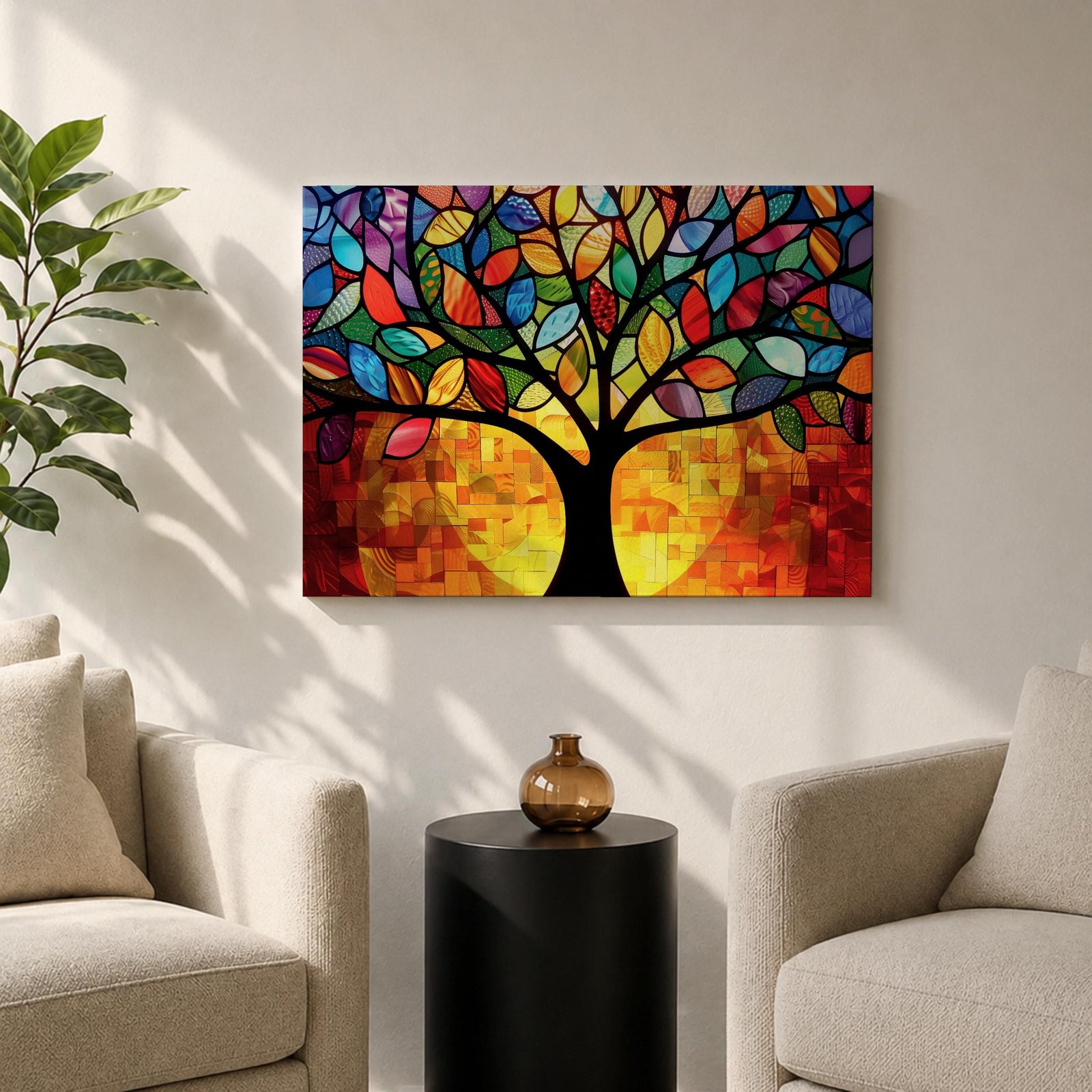 Tree of Life Wall Art Yggdrasil Framed Canvas Stained Glass Nature Living Room Decor