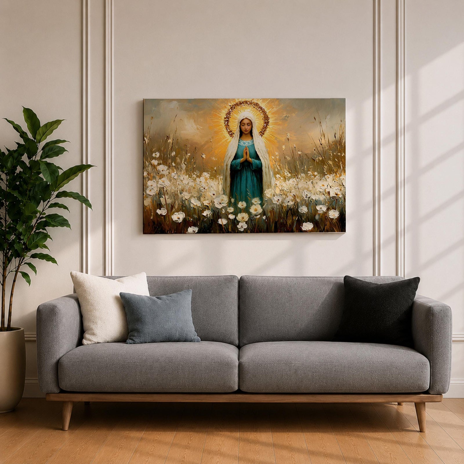 Virgin Mary Wall Art Our Lady Framed Canvas Marian Devotion Impasto Catholic Home Decor