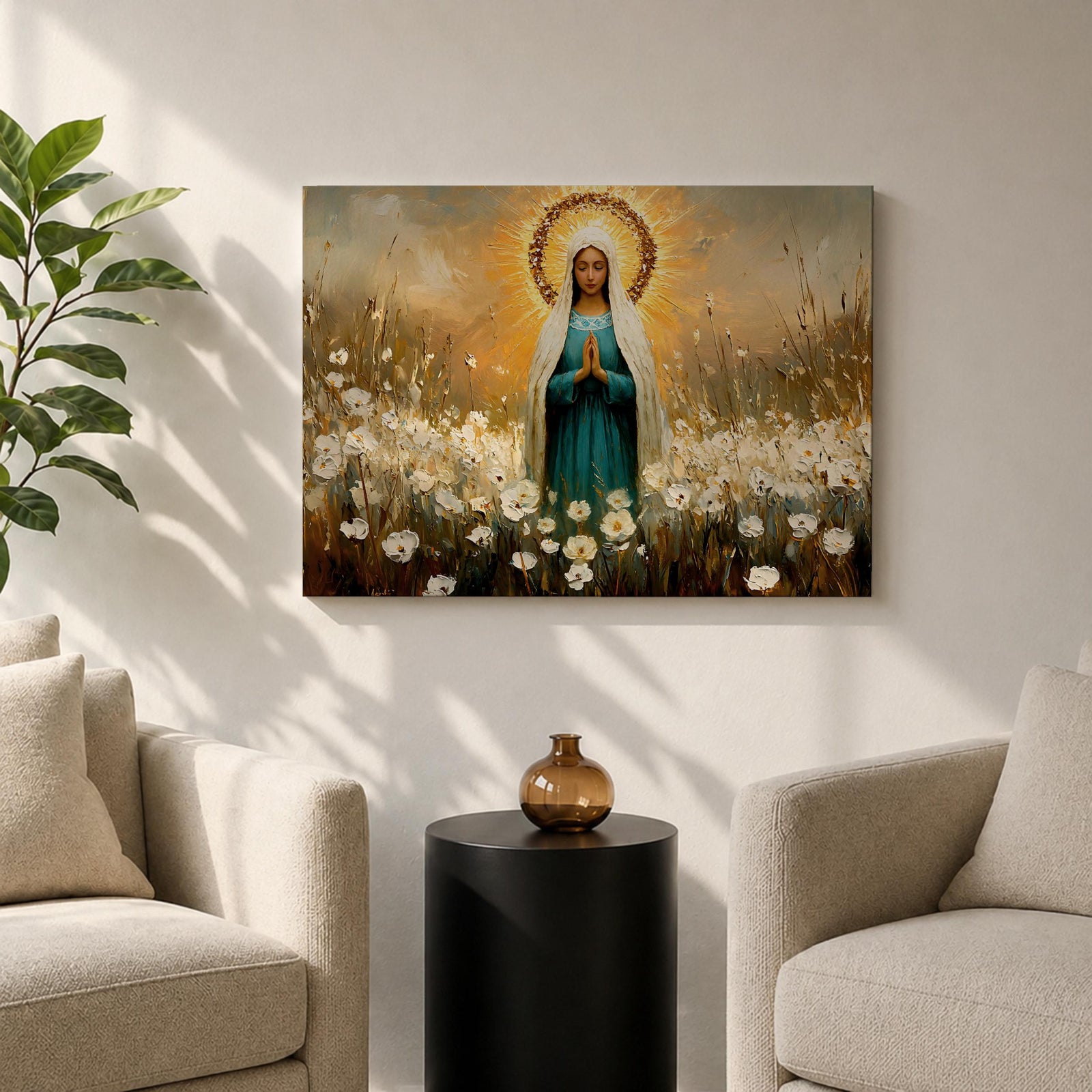 Virgin Mary Wall Art Our Lady Framed Canvas Marian Devotion Impasto Catholic Home Decor