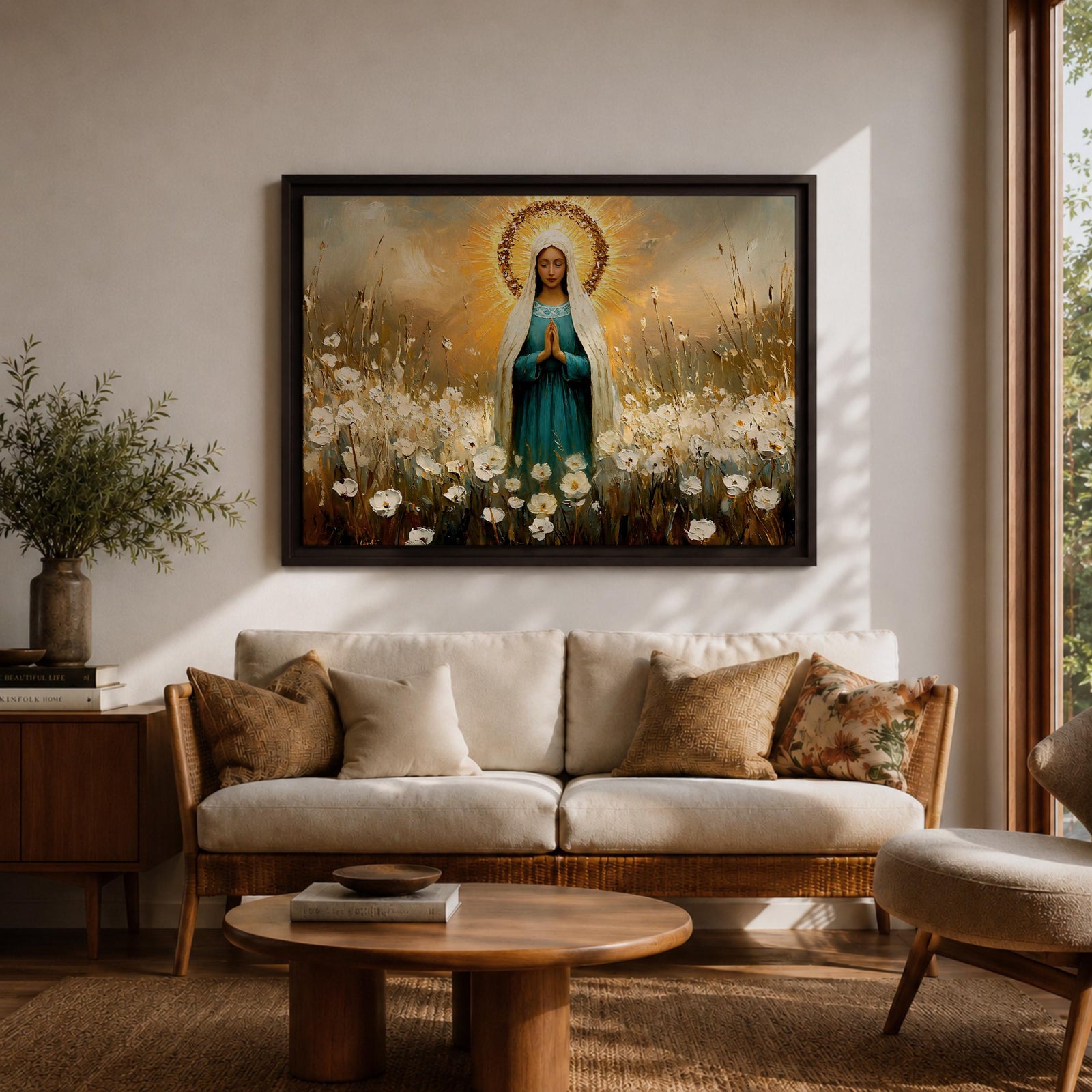 Virgin Mary Wall Art Our Lady Framed Canvas Marian Devotion Impasto Catholic Home Decor