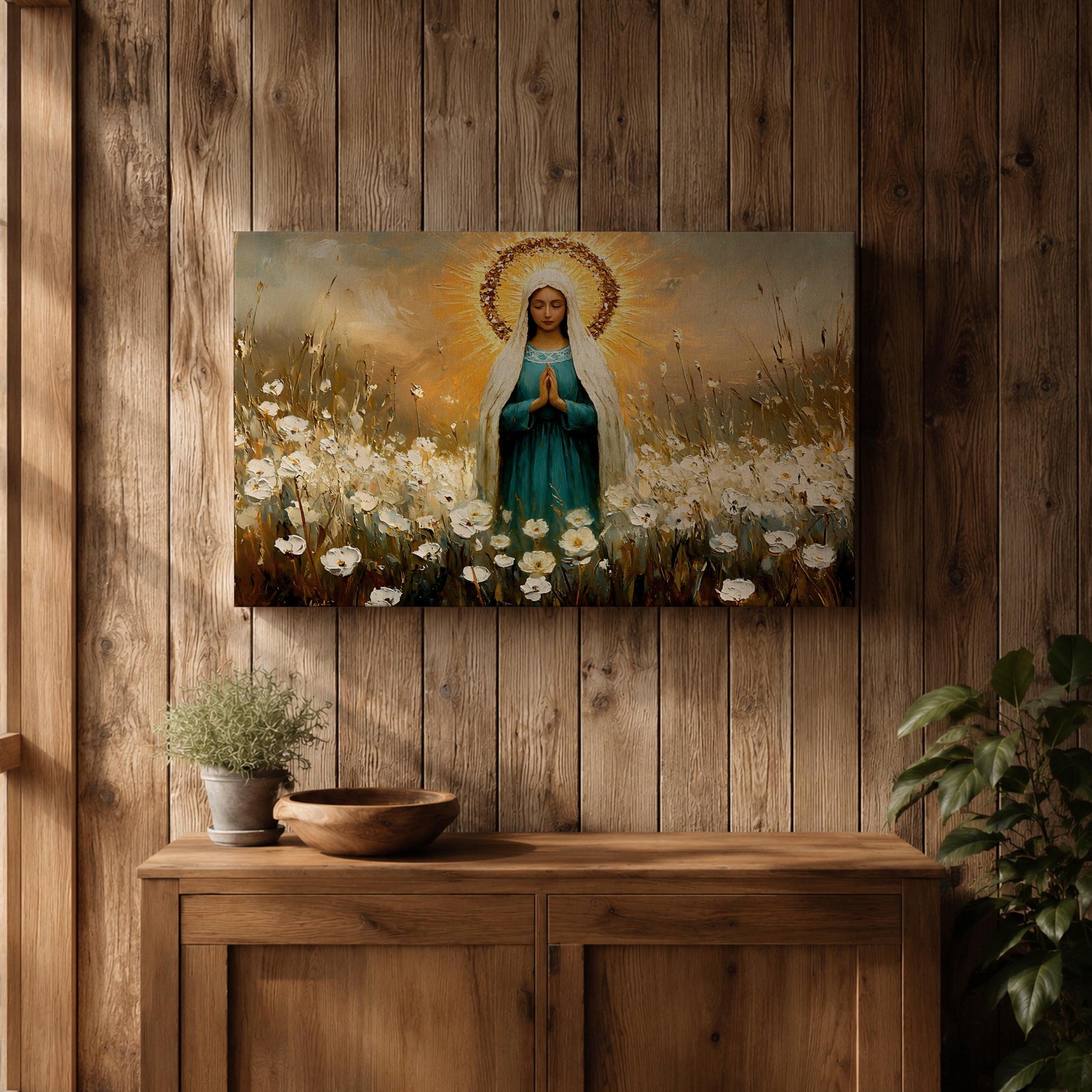 Virgin Mary Wall Art Our Lady Framed Canvas Marian Devotion Impasto Catholic Home Decor