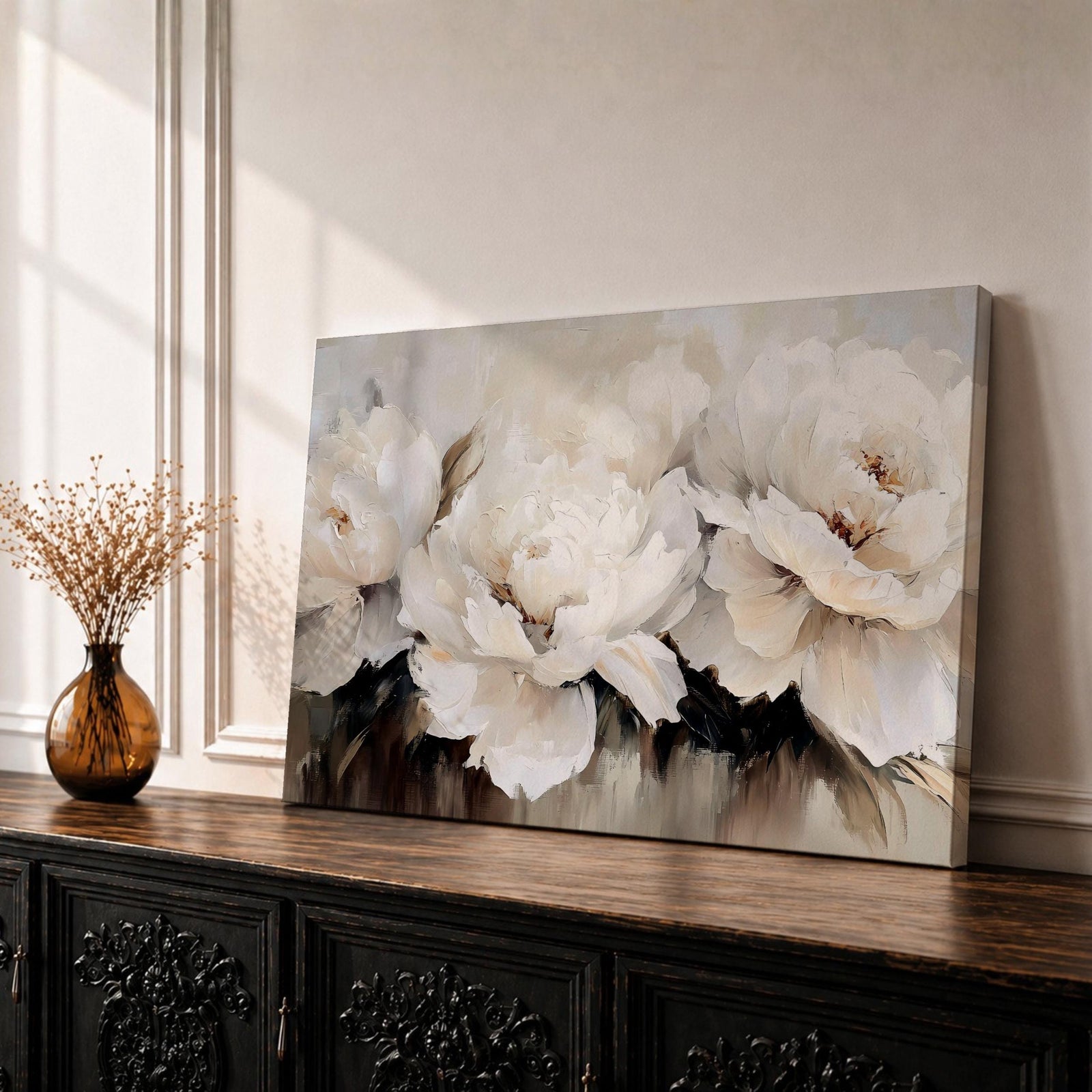 White Peonies Wall Art Garden Peony Framed Canvas Impasto Floral Vintage Home Decor