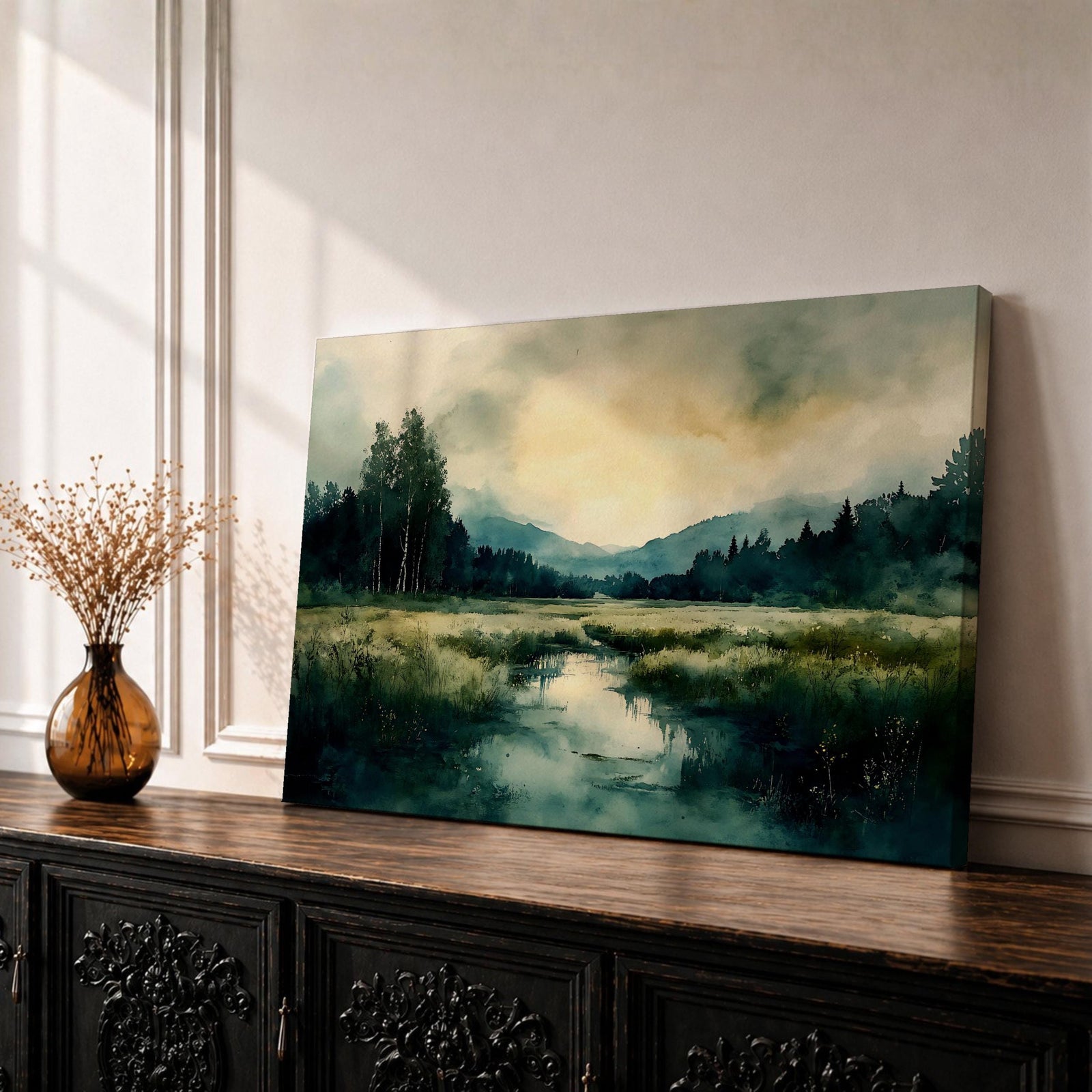 Misty Mountain Wall Art Foggy Peak Framed Canvas Alpine Lake Vintage Rustic Home Decor