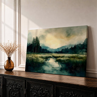 Misty Mountain Wall Art Foggy Peak Framed Canvas Alpine Lake Vintage Rustic Home Decor