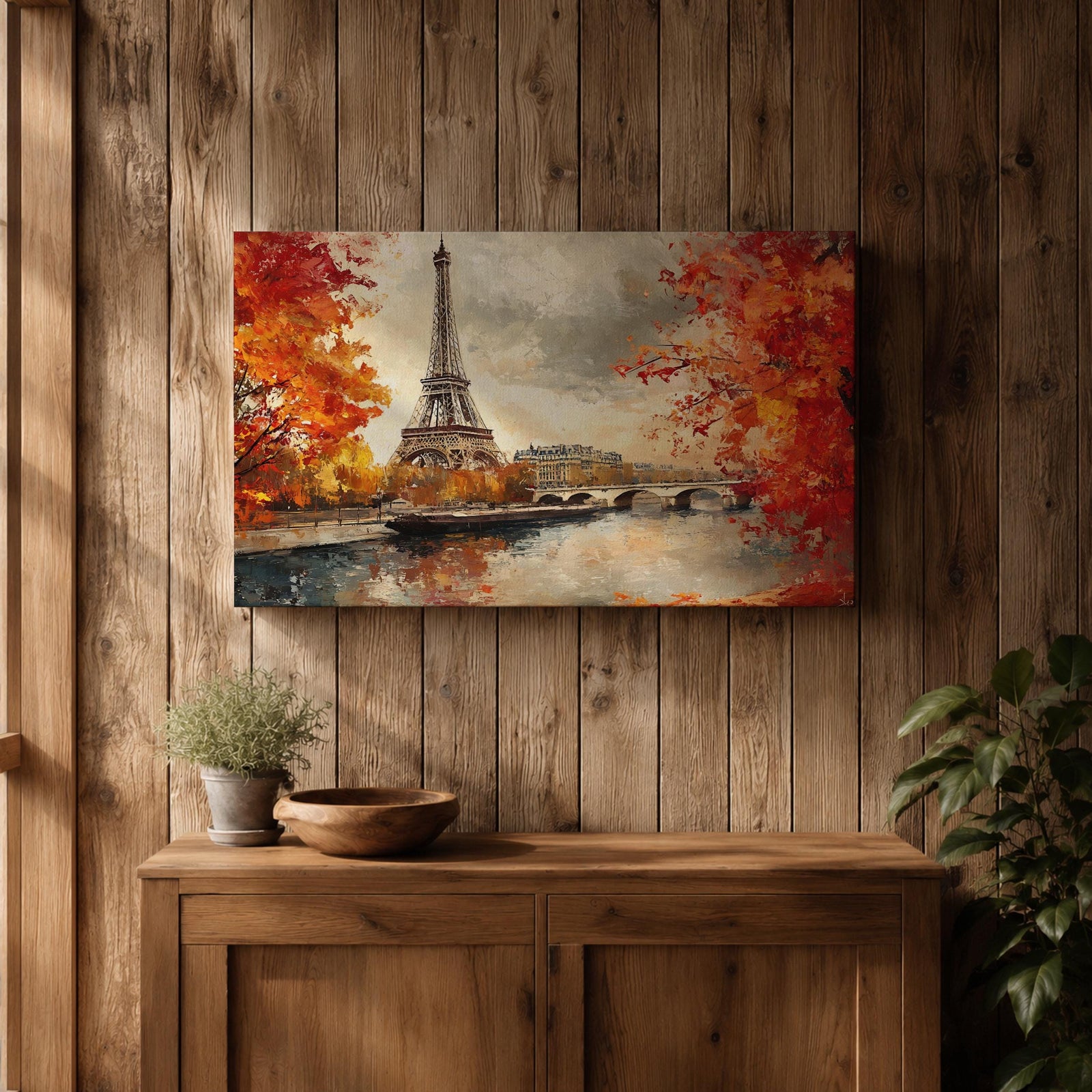 Eiffel Tower Wall Art Paris Landmark Framed Canvas French Cityscape Impasto Rustic Home Decor