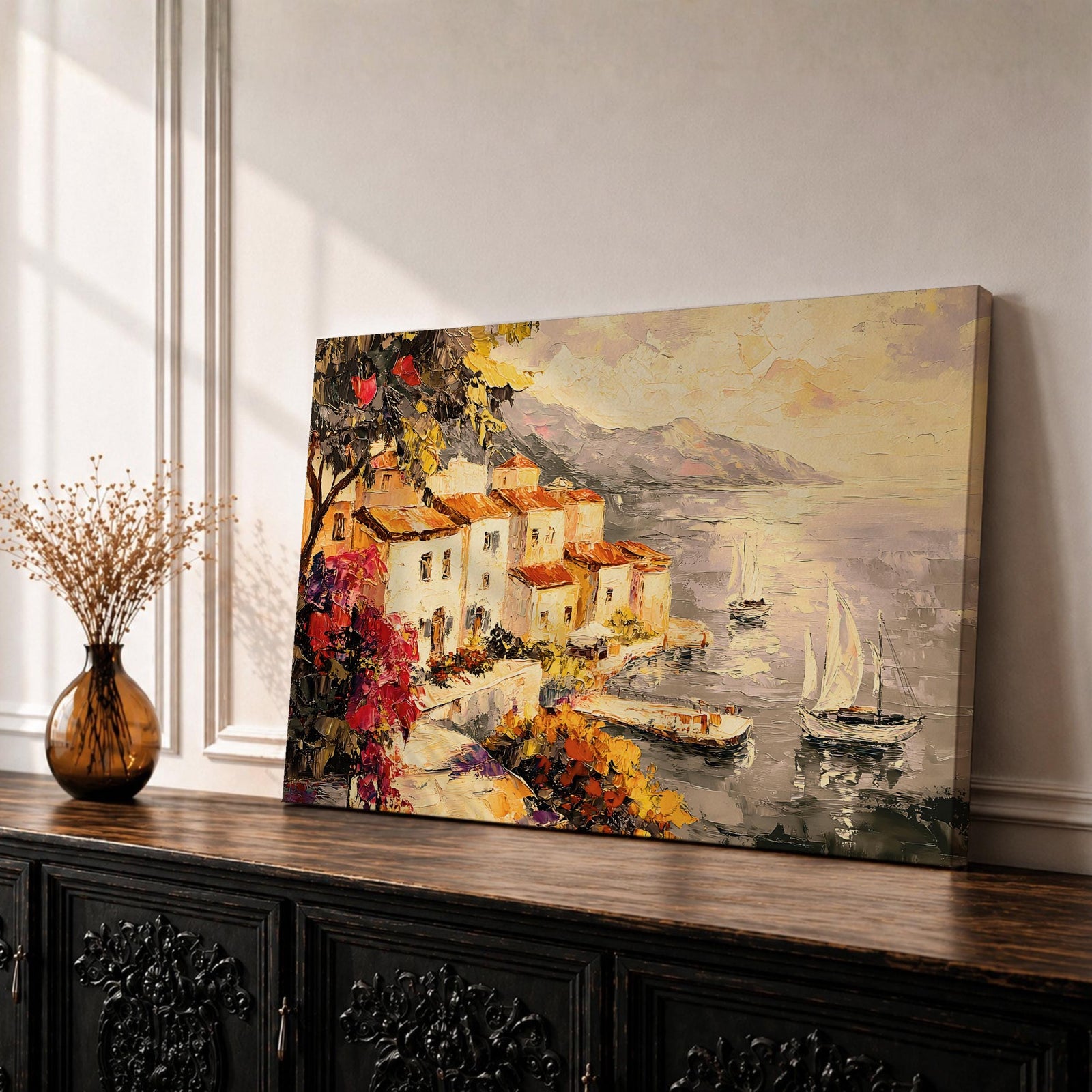 Mediterranean Wall Art Italian Coastal Village Framed Canvas Vintage Landscape Nature Home Decor