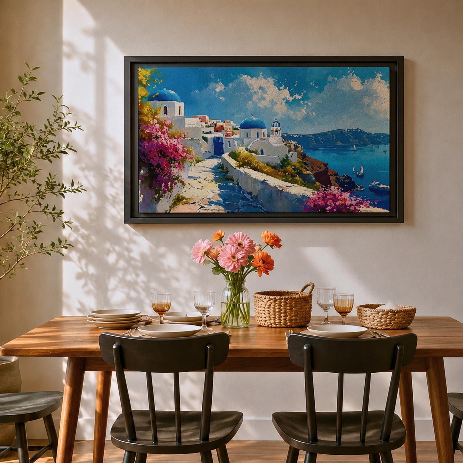 Santorini Landscape Wall Art Oia Greece Framed Canvas Coastal Living Room Boho Home Decor