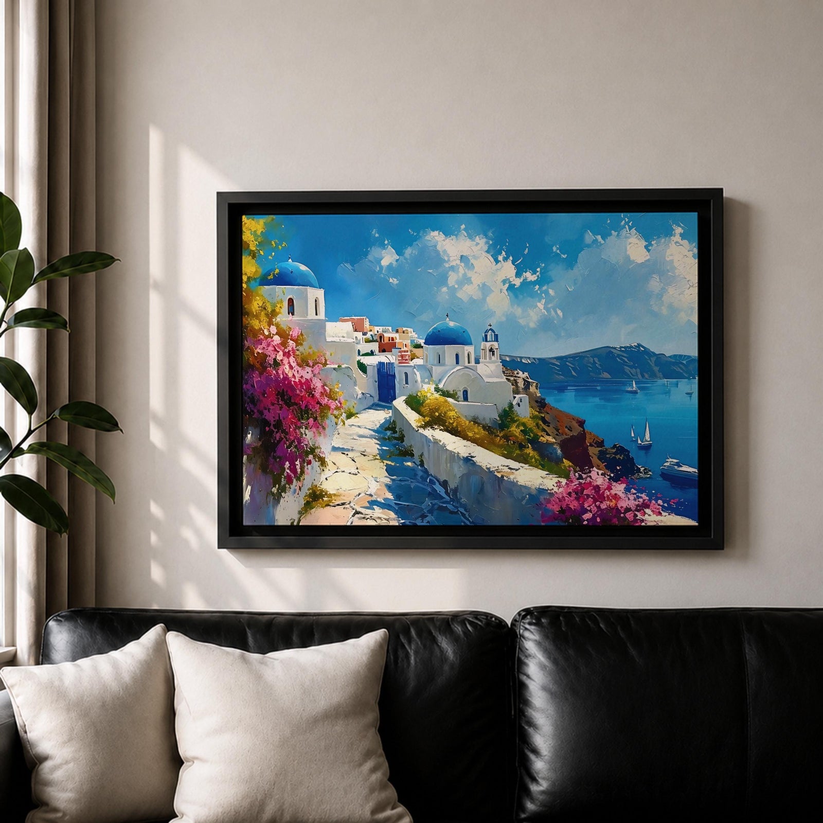 Santorini Landscape Wall Art Oia Greece Framed Canvas Coastal Living Room Boho Home Decor