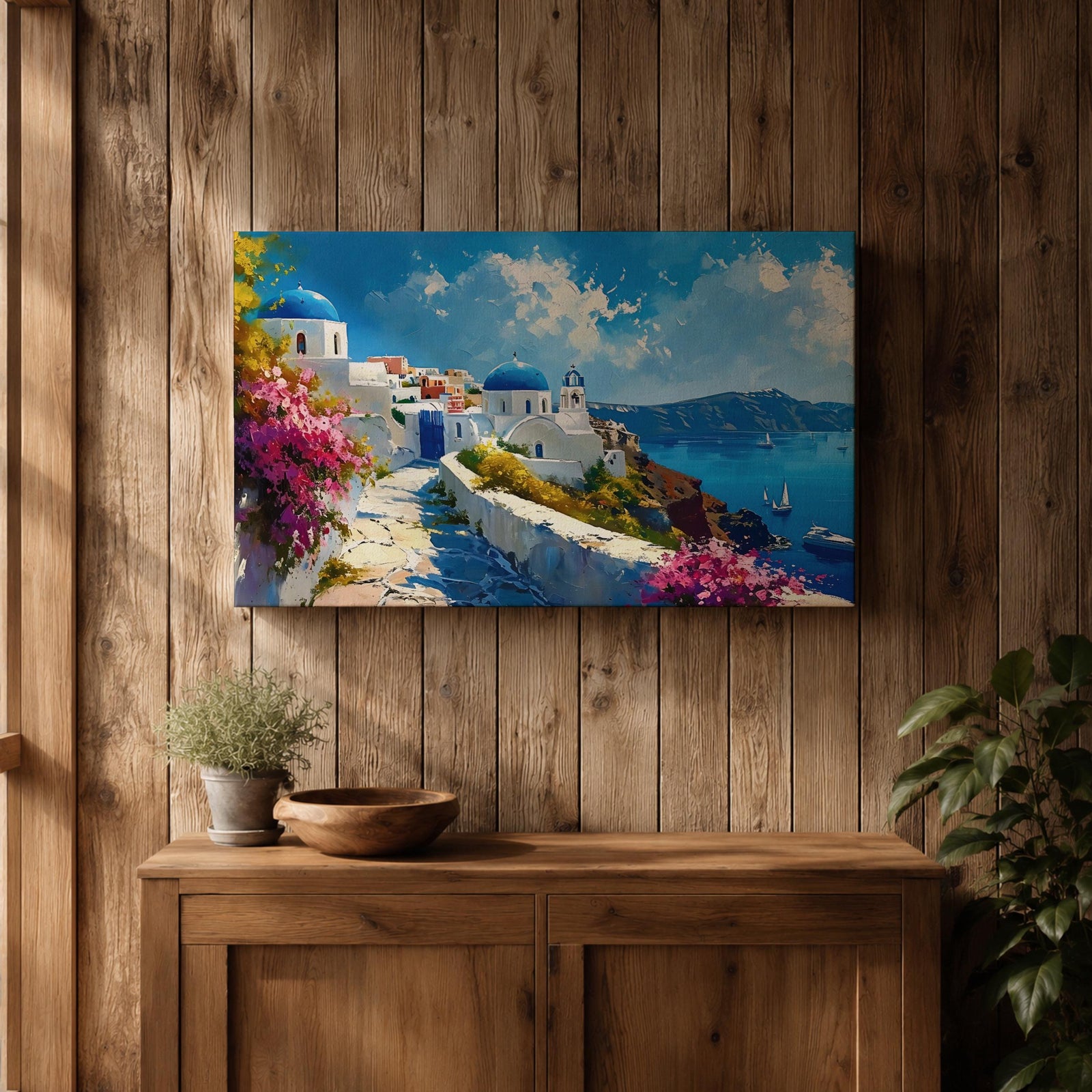 Santorini Landscape Wall Art Oia Greece Framed Canvas Coastal Living Room Boho Home Decor