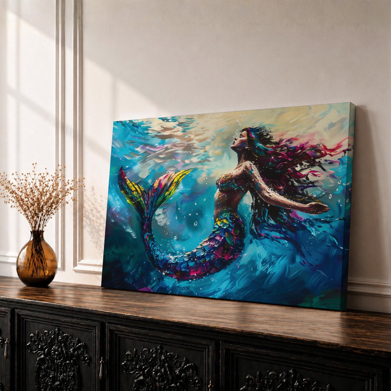 Mermaid Wall Art Sea Nymph Framed Canvas Ocean Fantasy Mythology Coastal Nautical Marine Decor