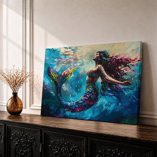 Mermaid Wall Art Sea Nymph Framed Canvas Ocean Fantasy Mythology Coastal Nautical Marine Decor