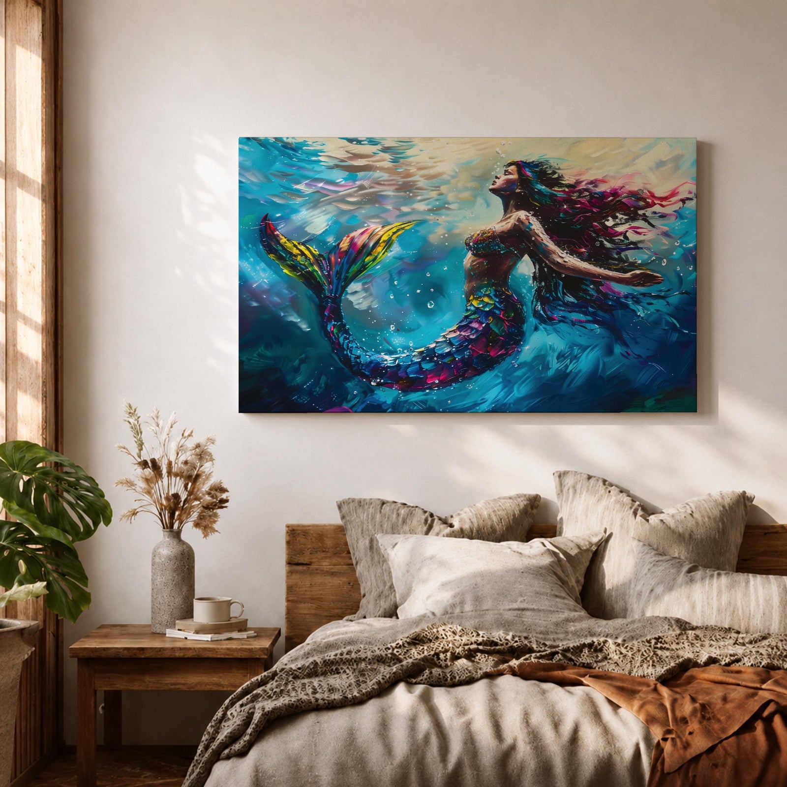 Mermaid Wall Art Sea Nymph Framed Canvas Ocean Fantasy Mythology Coastal Nautical Marine Decor
