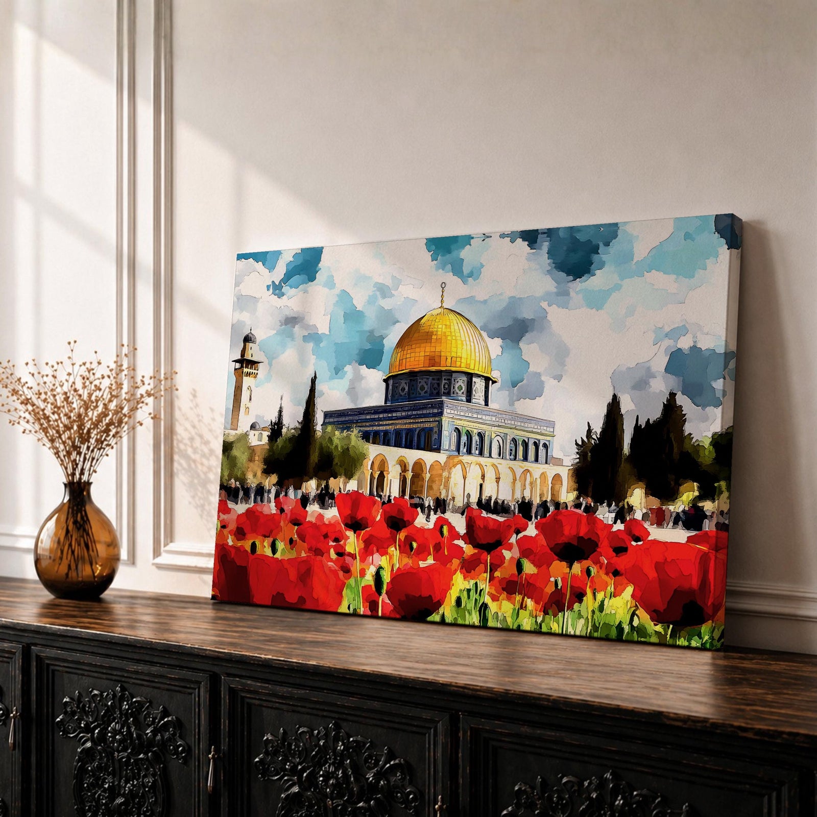 Dome of the Rock Wall Art Haram Al-Sharif Framed Canvas Poppy Field Islamic Decor