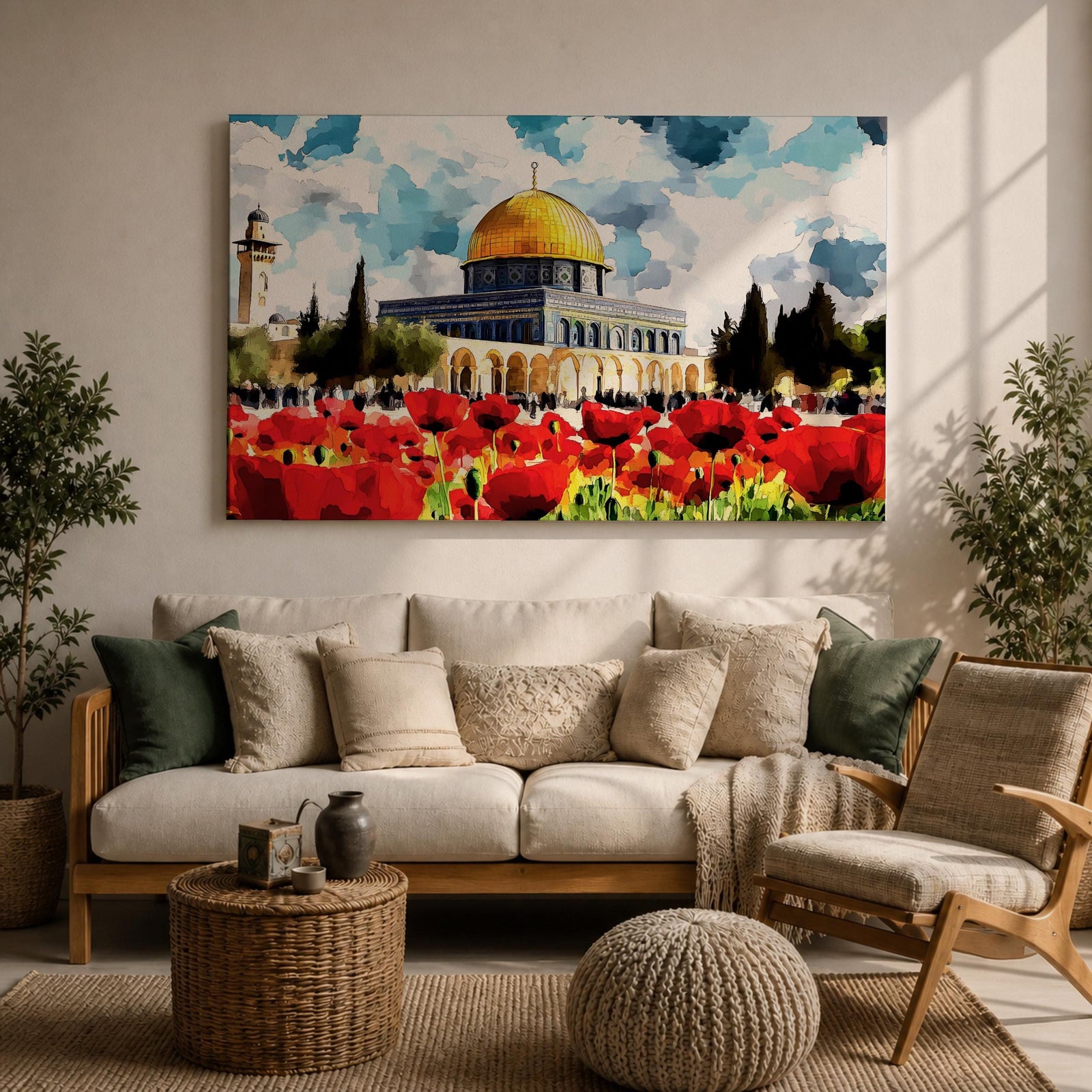 Dome of the Rock Wall Art Haram Al-Sharif Framed Canvas Poppy Field Islamic Decor