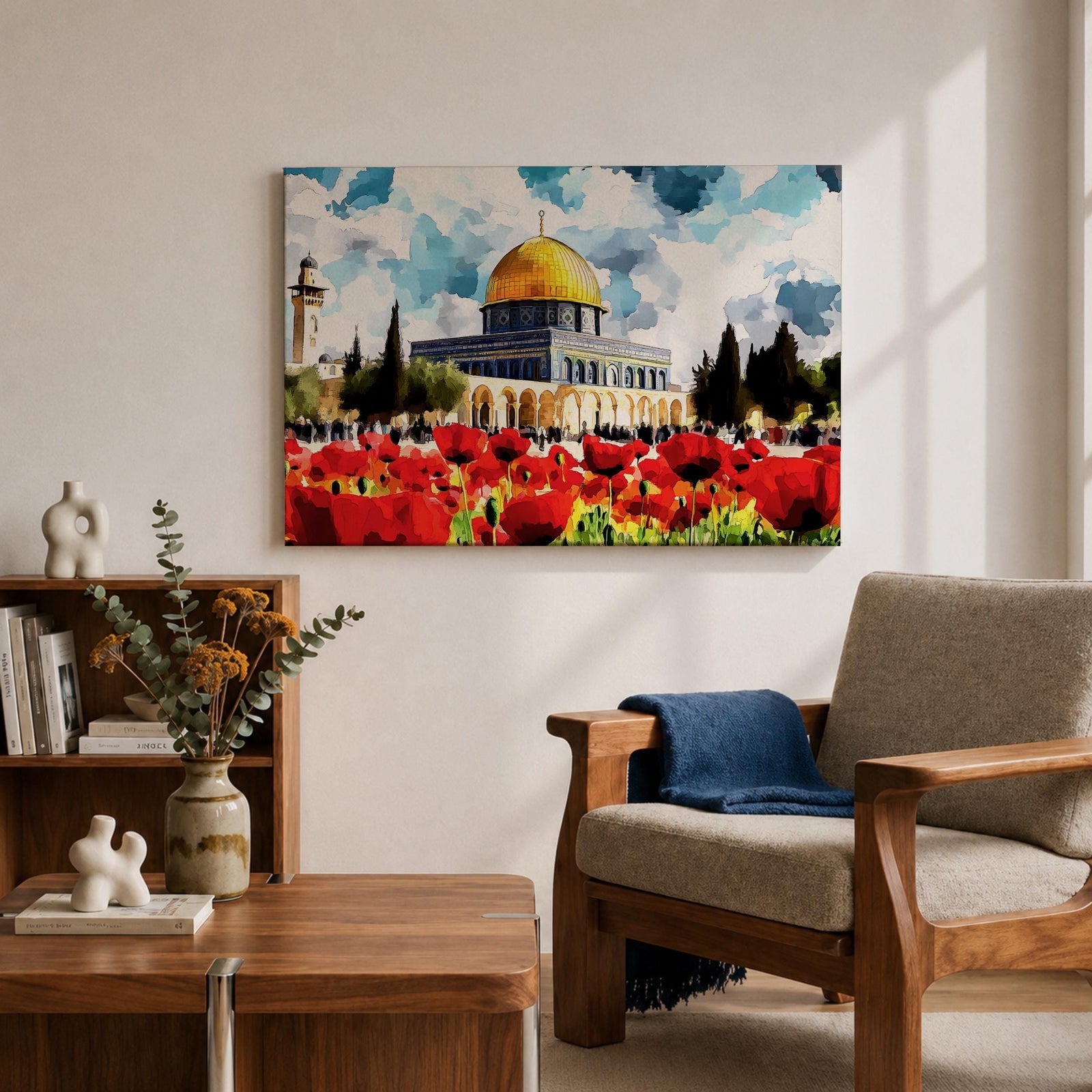 Dome of the Rock Wall Art Haram Al-Sharif Framed Canvas Poppy Field Islamic Decor